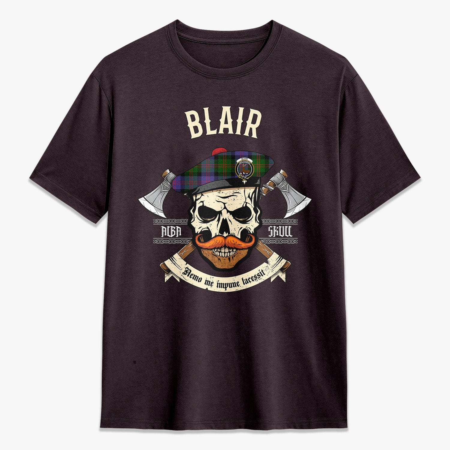 Blair Modern Tartan Crest 2D T-shirt - Alba Skull Style