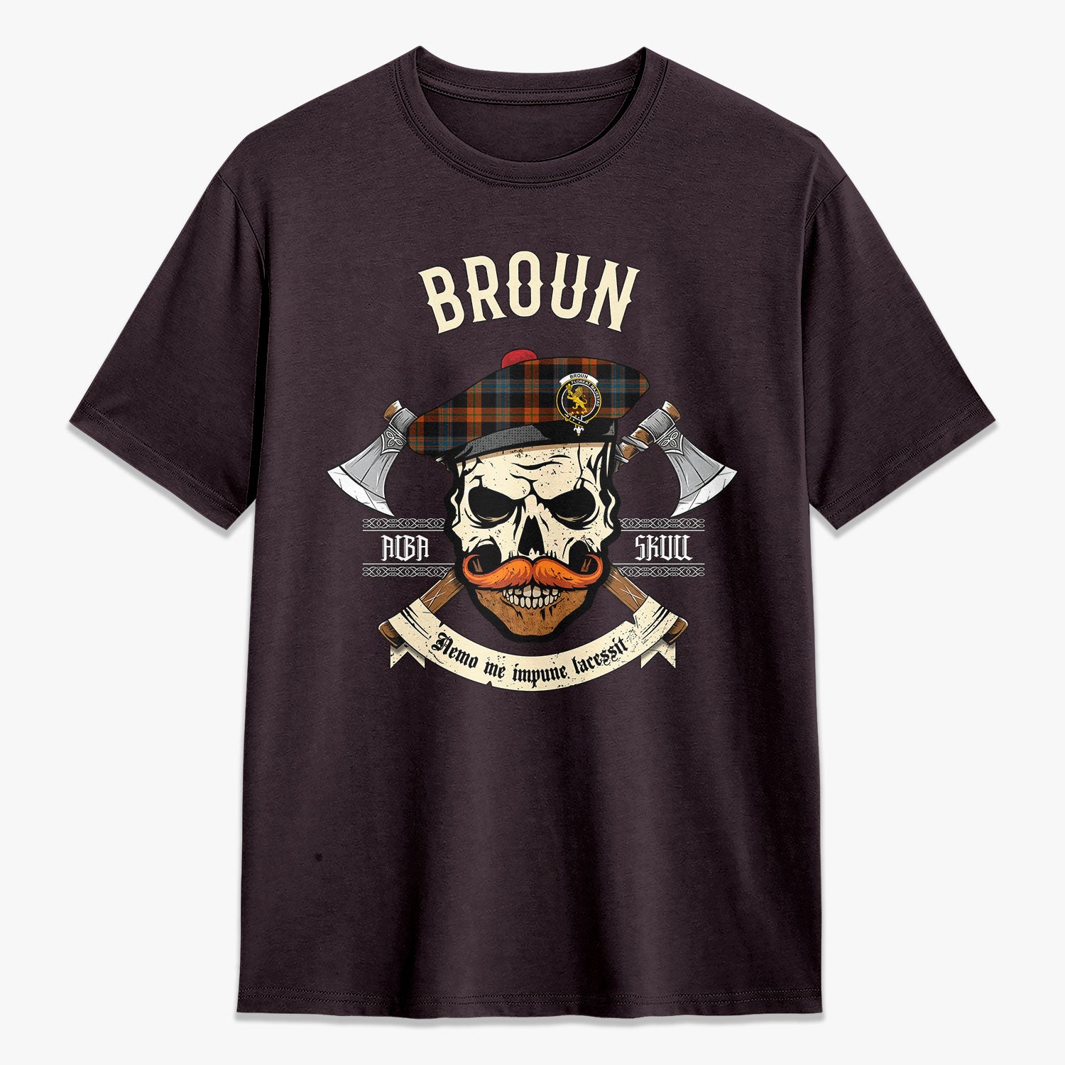 Broun Ancient Tartan Crest 2D T-shirt - Alba Skull Style