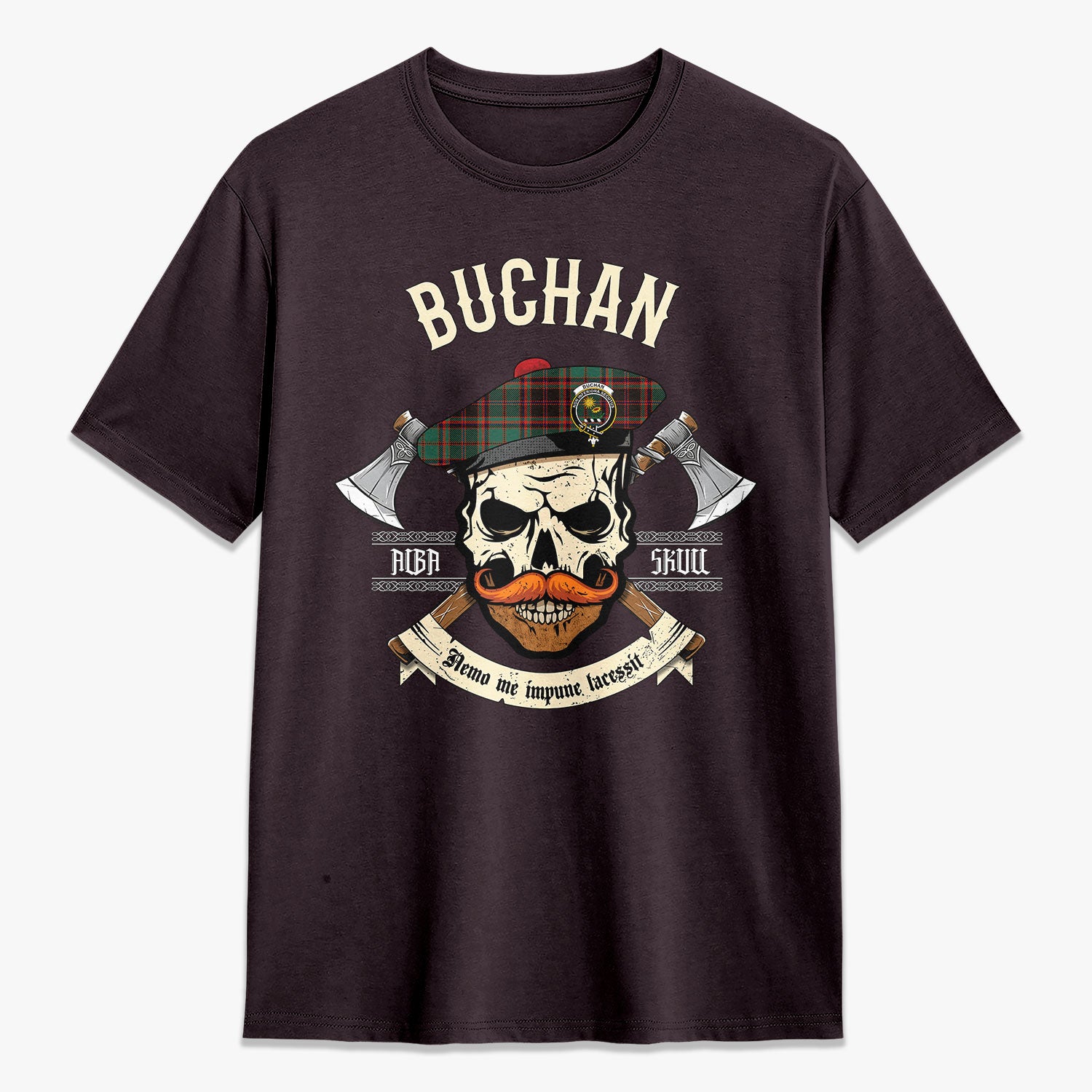 Buchan Ancient Tartan Crest 2D T-shirt - Alba Skull Style