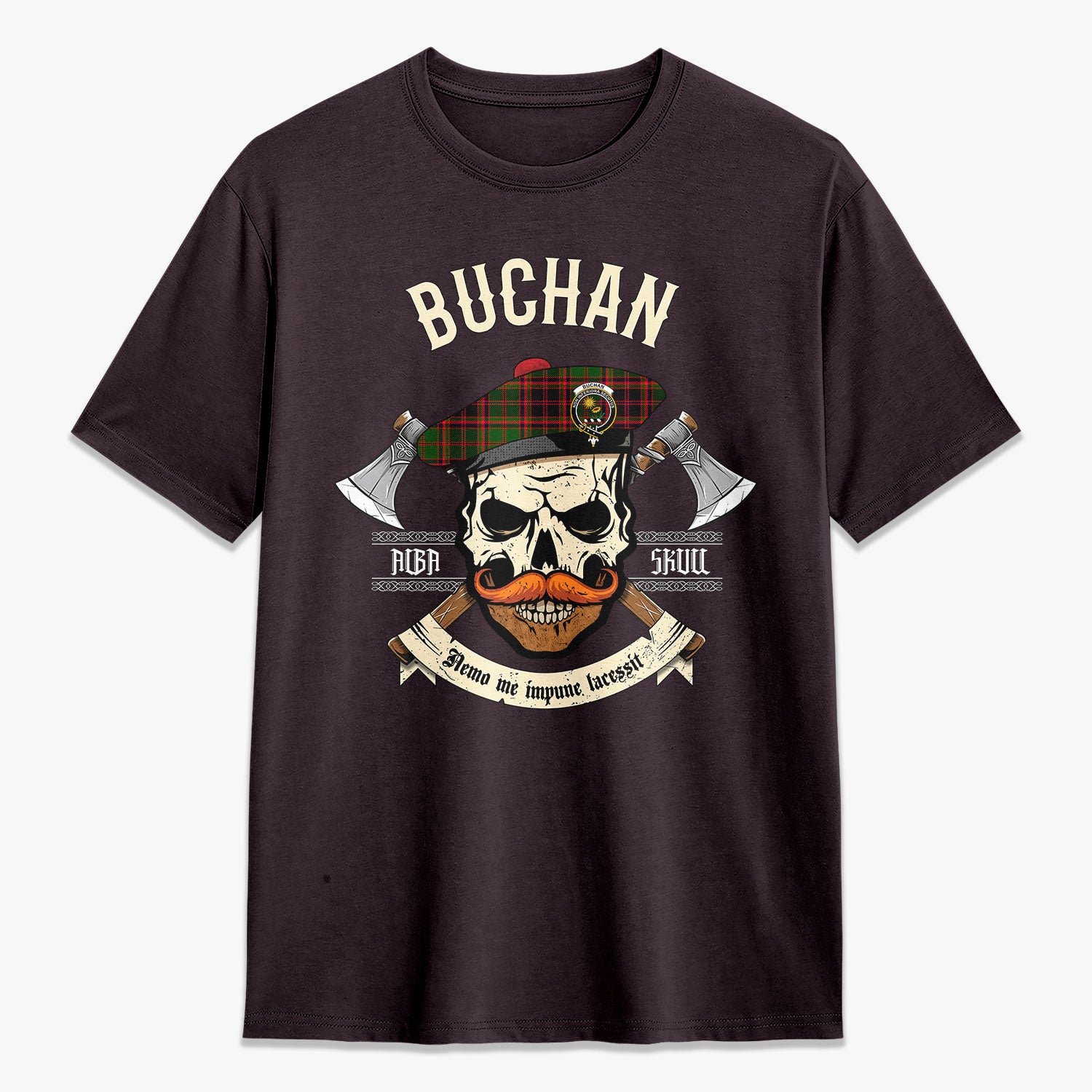 Buchan Modern Tartan Crest 2D T-shirt - Alba Skull Style