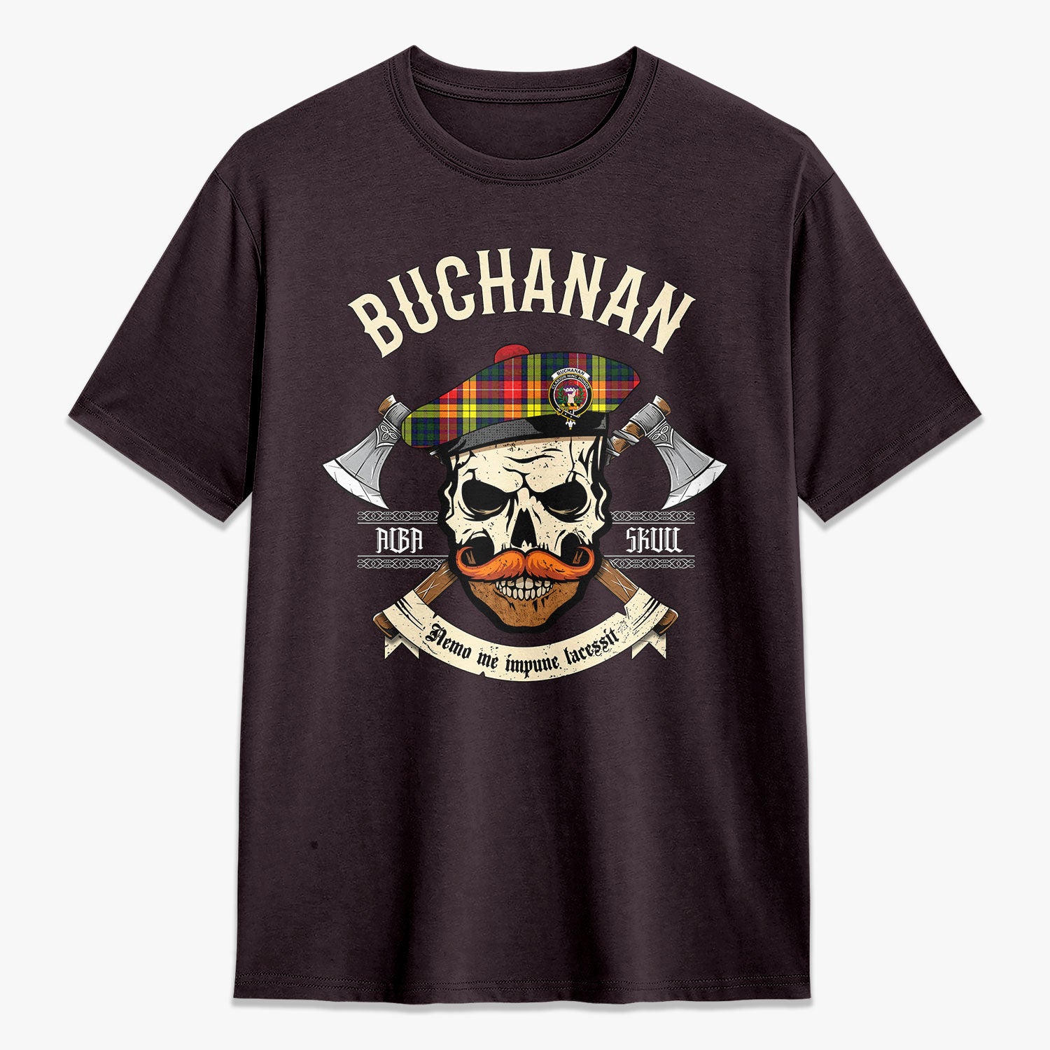 Buchanan Modern Tartan Crest 2D T-shirt - Alba Skull Style