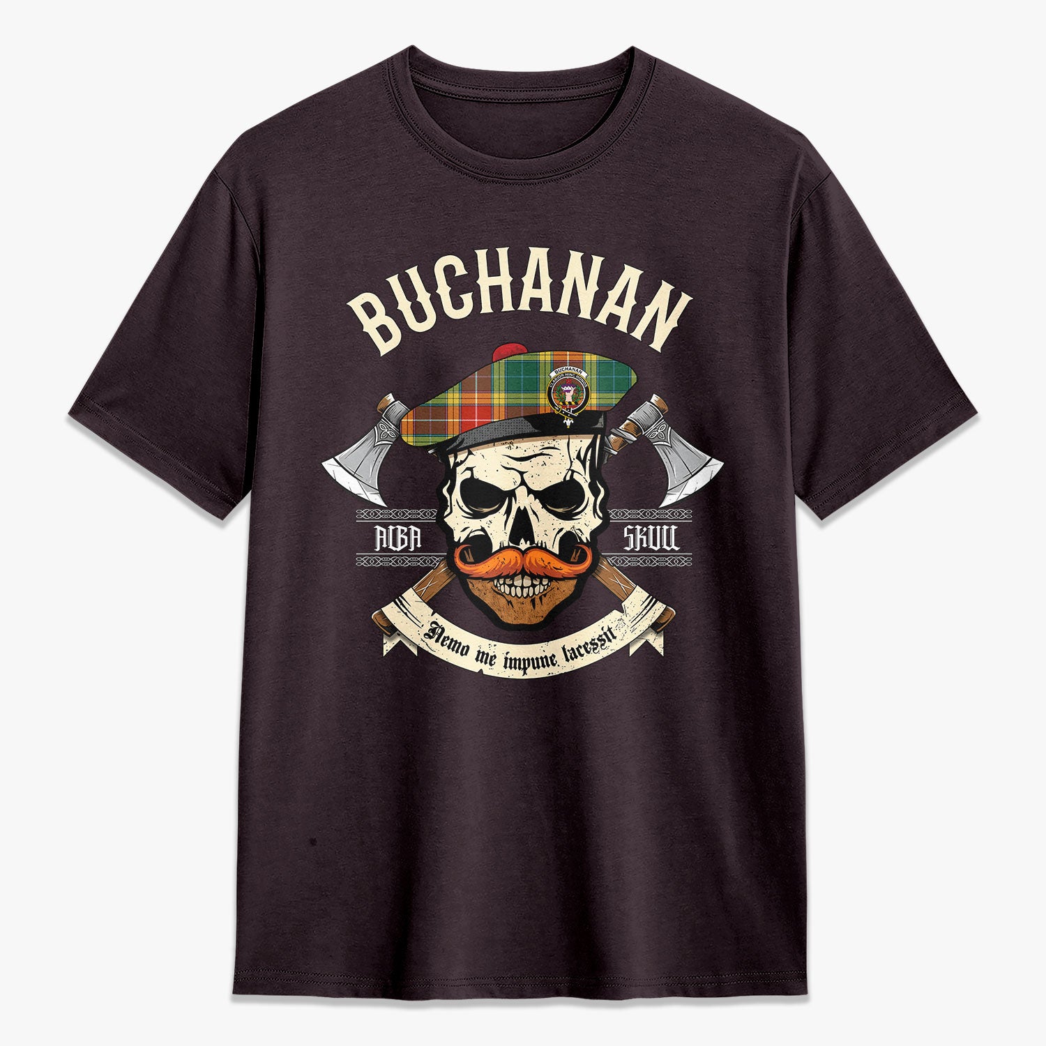 Buchanan Old Sett Tartan Crest 2D T-shirt - Alba Skull Style