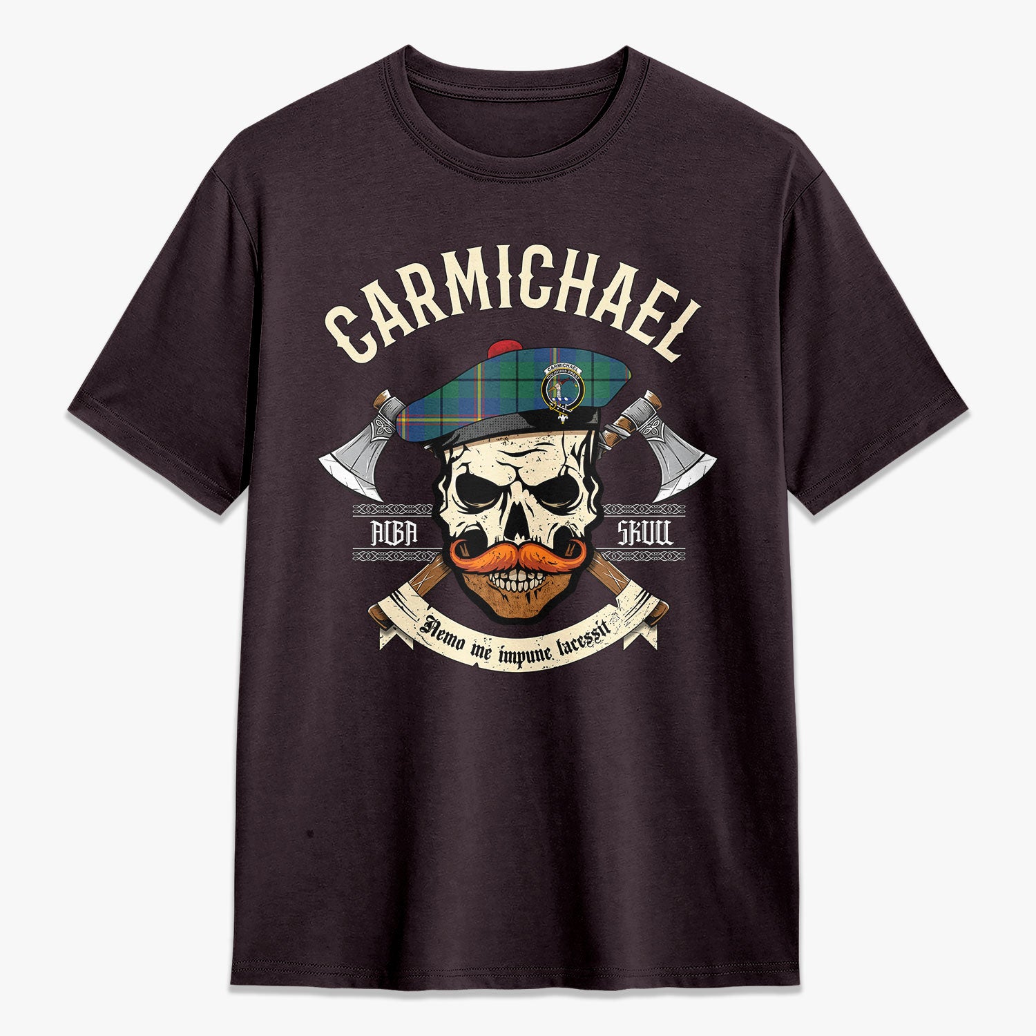 Carmichael Ancient Tartan Crest 2D T-shirt - Alba Skull Style