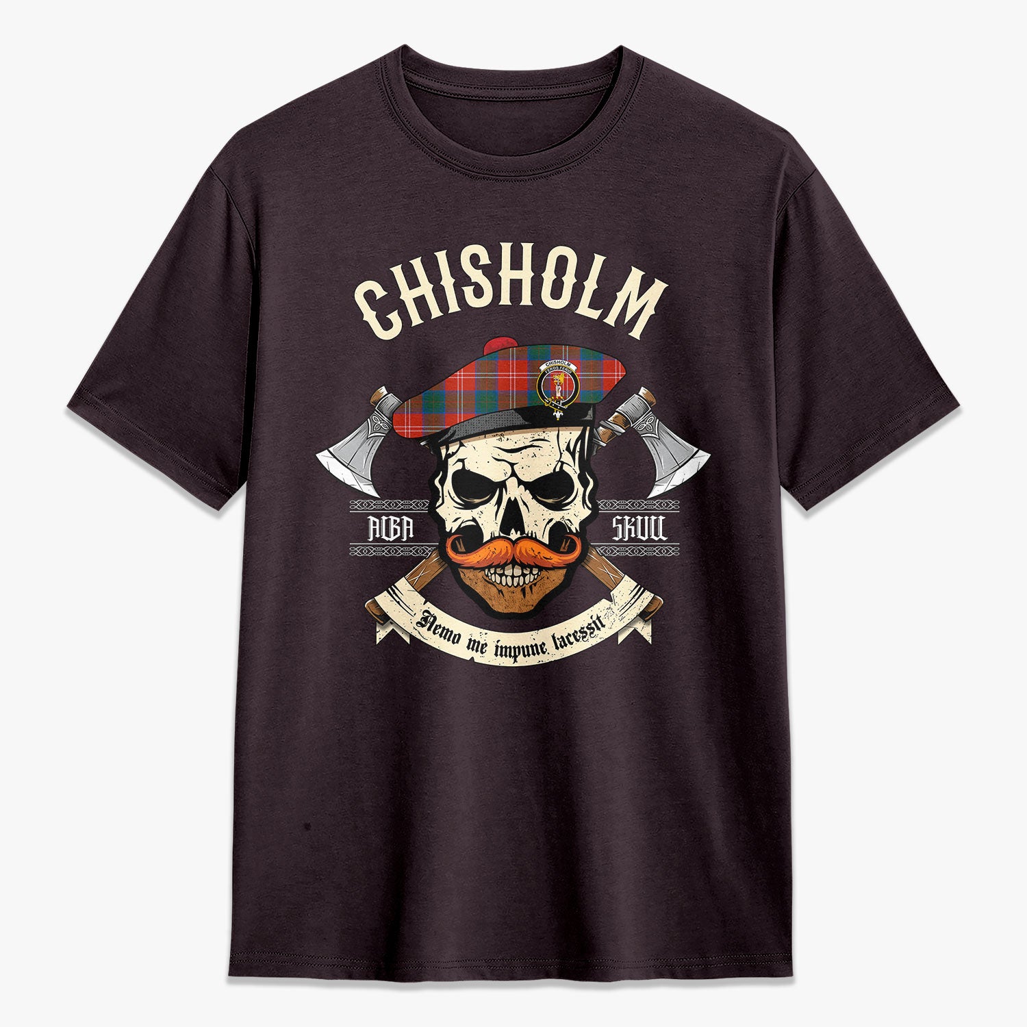 Chisholm Ancient Tartan Crest 2D T-shirt - Alba Skull Style