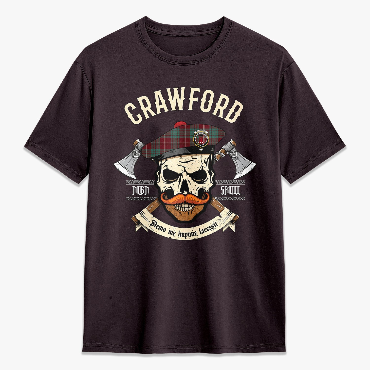 Crawford Modern Tartan Crest 2D T-shirt - Alba Skull Style