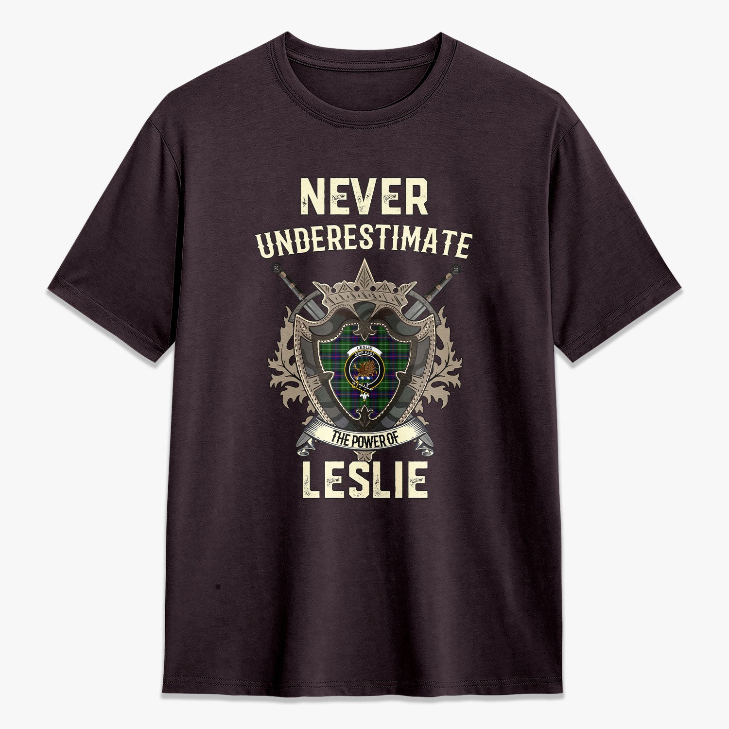 Leslie Hunting Tartan Crest 2D T-shirt - Never Underestimate Style