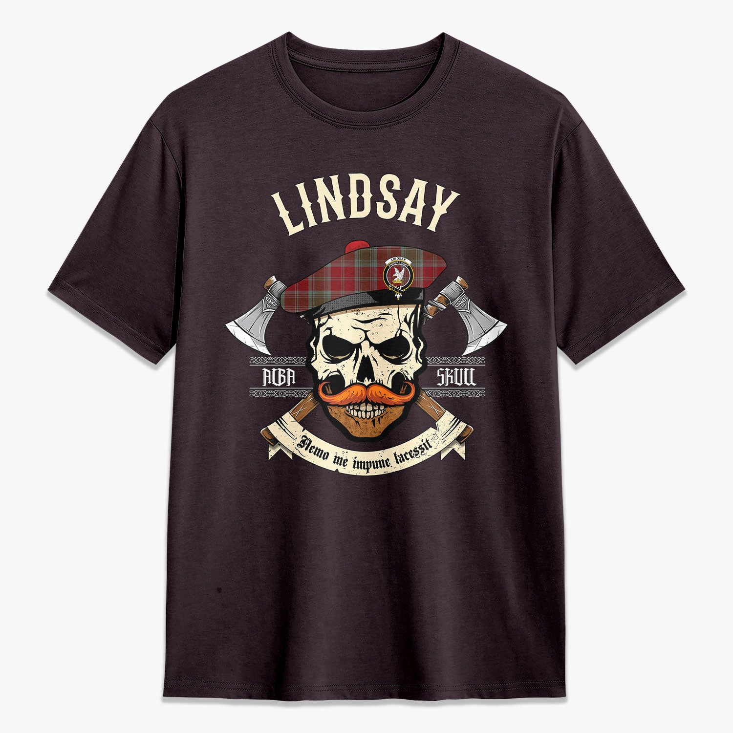 Lindsay Weathered Tartan Crest 2D T-shirt - Alba Skull Style