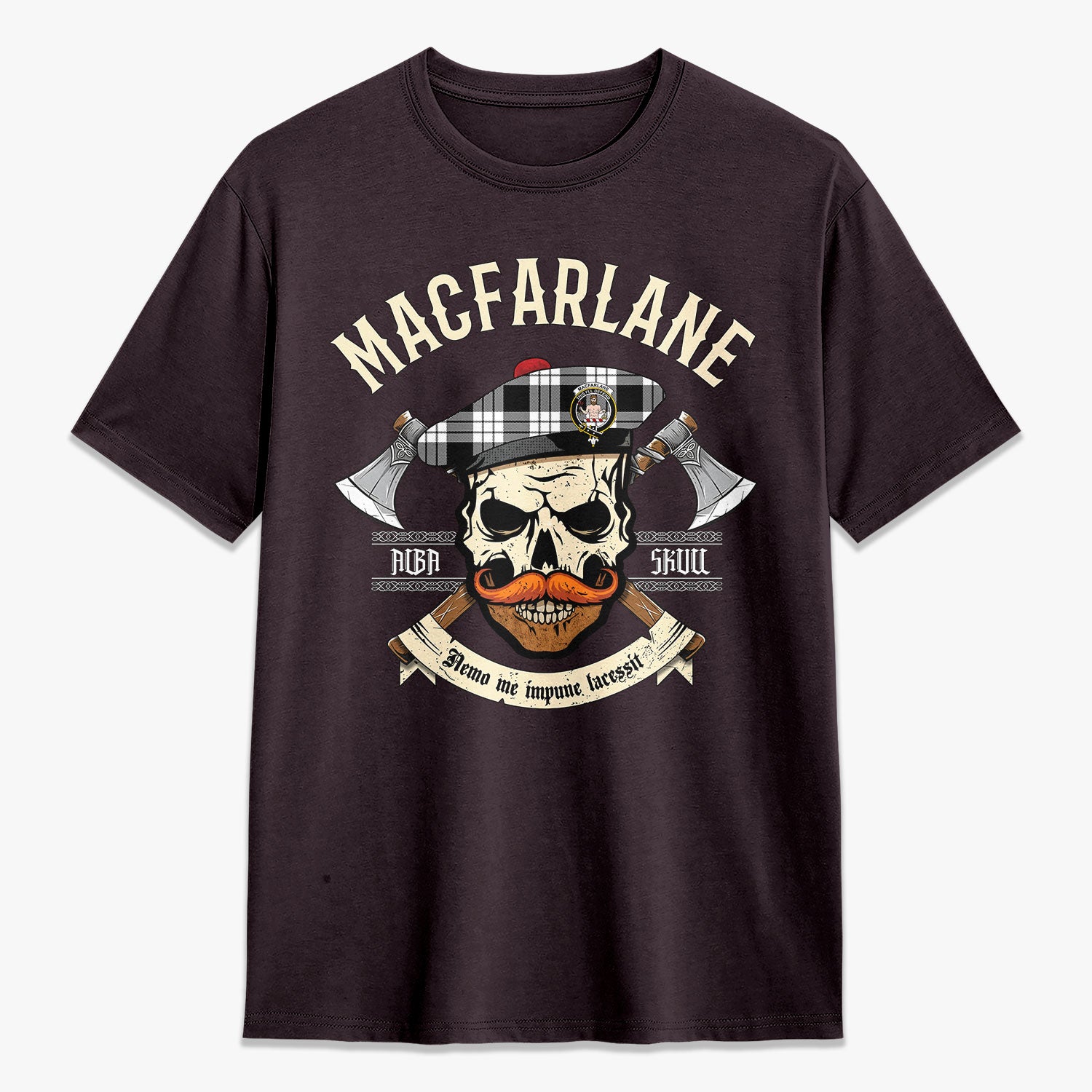 MacFarlane Black - White Tartan Crest 2D T-shirt - Alba Skull Style