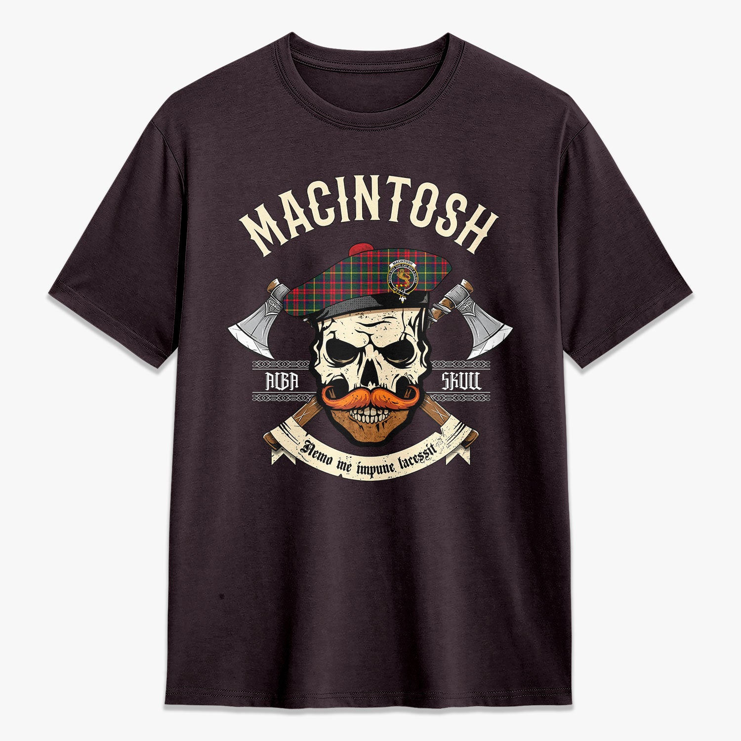 MacIntosh Hunting Modern Tartan Crest 2D T-shirt - Alba Skull Style