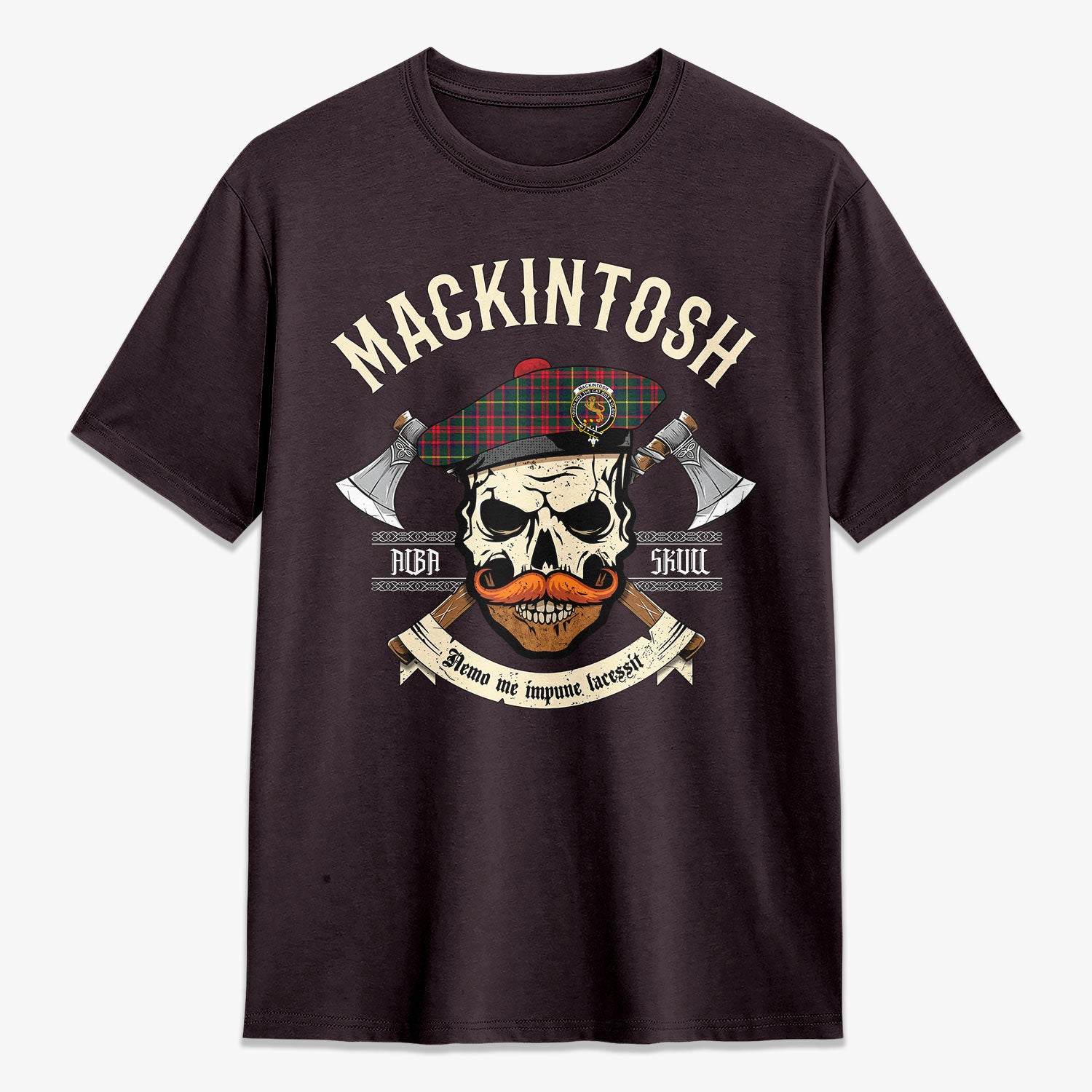 MacKintosh Hunting Modern Tartan Crest 2D T-shirt - Alba Skull Style