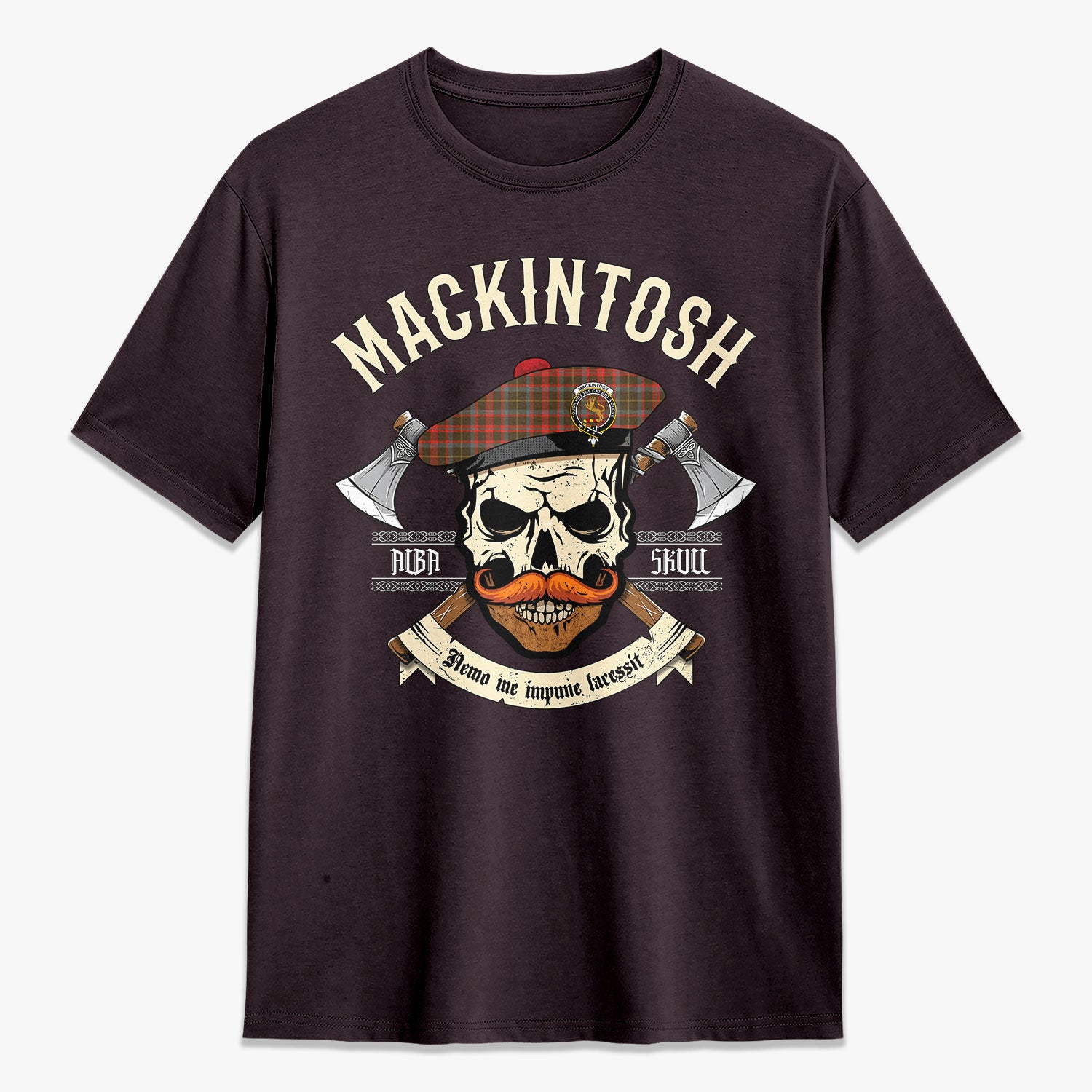 MacKintosh Hunting Weathered Tartan Crest 2D T-shirt - Alba Skull Style