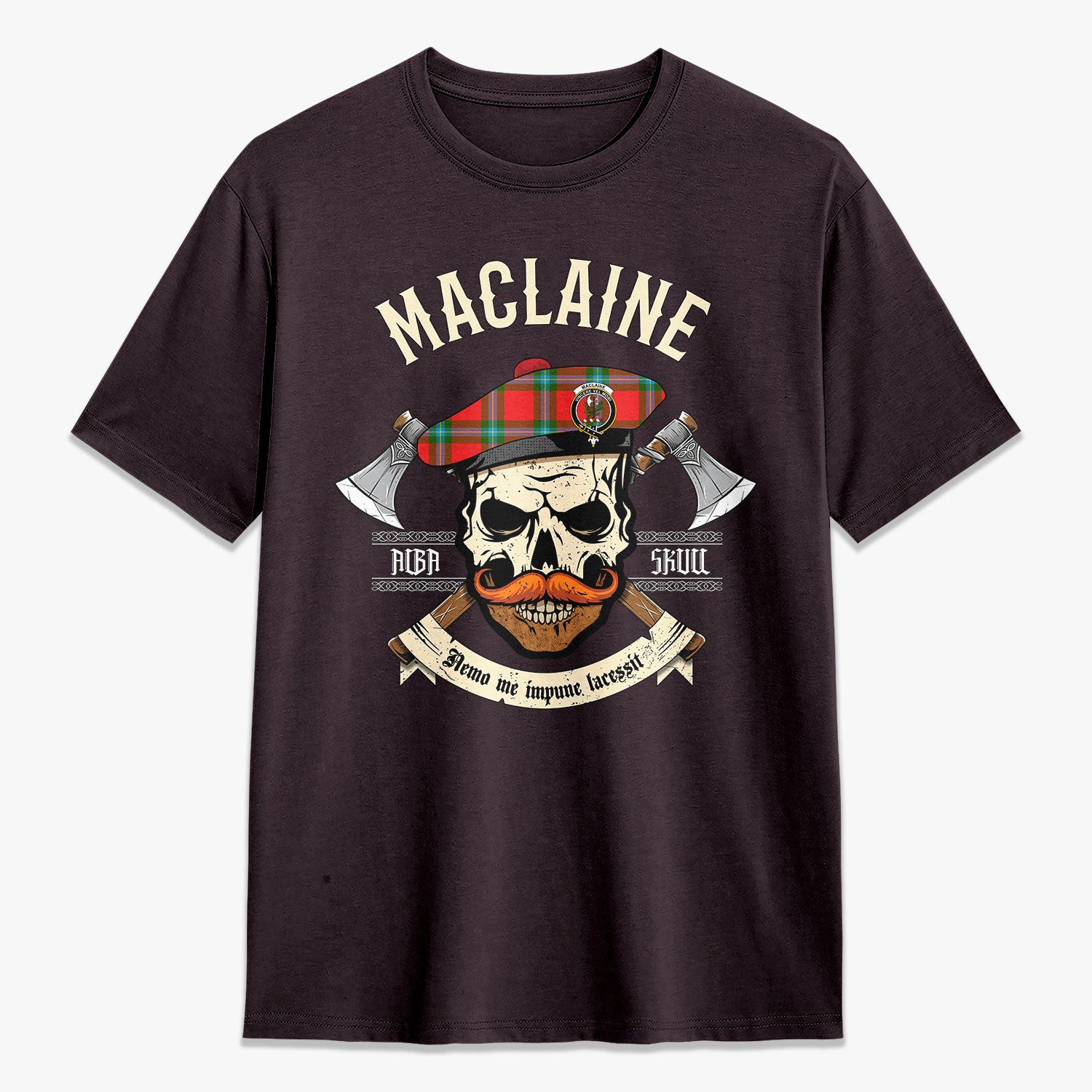 MacLaine of Loch Buie Tartan Crest 2D T-shirt - Alba Skull Style