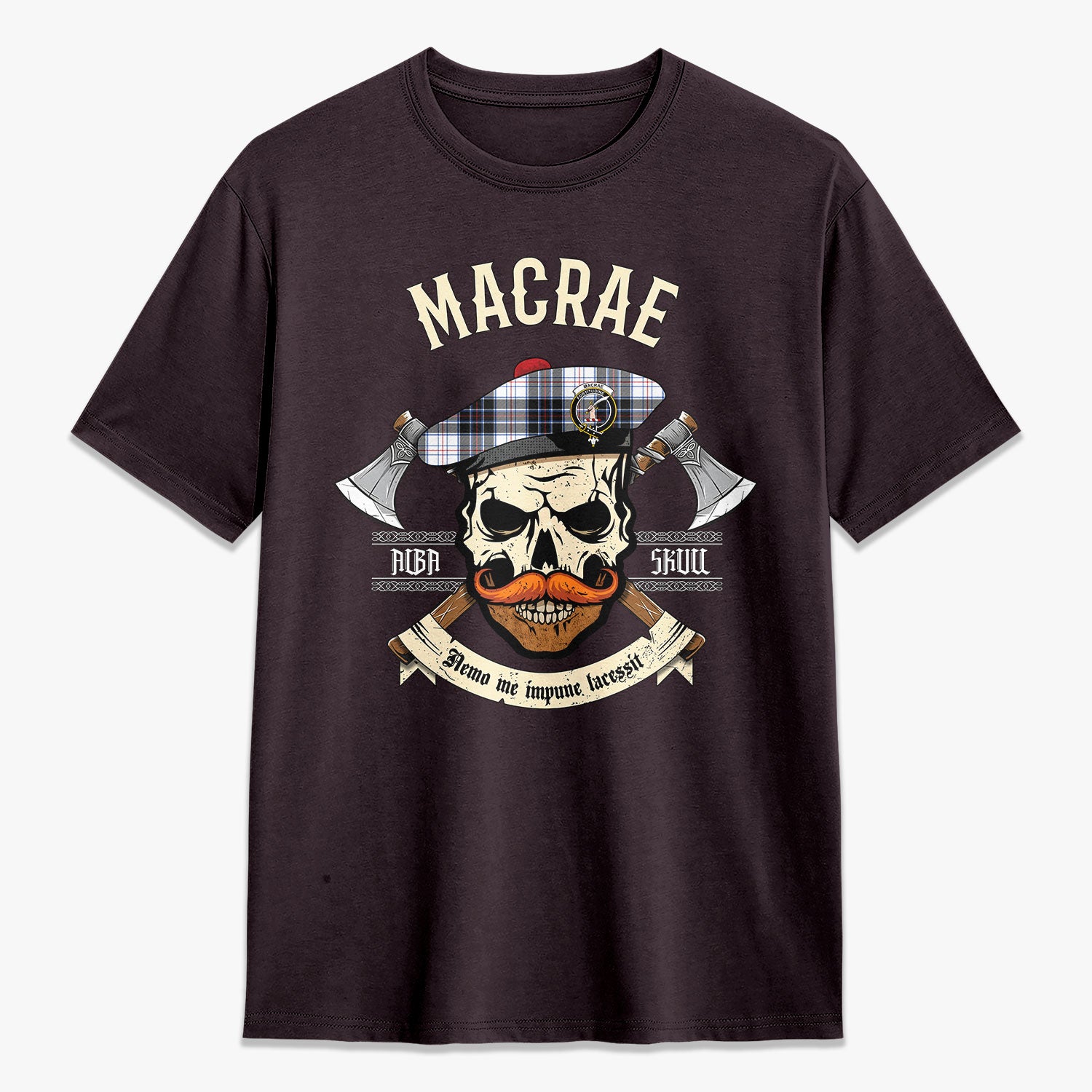 MacRae Dress Modern Tartan Crest 2D T-shirt - Alba Skull Style