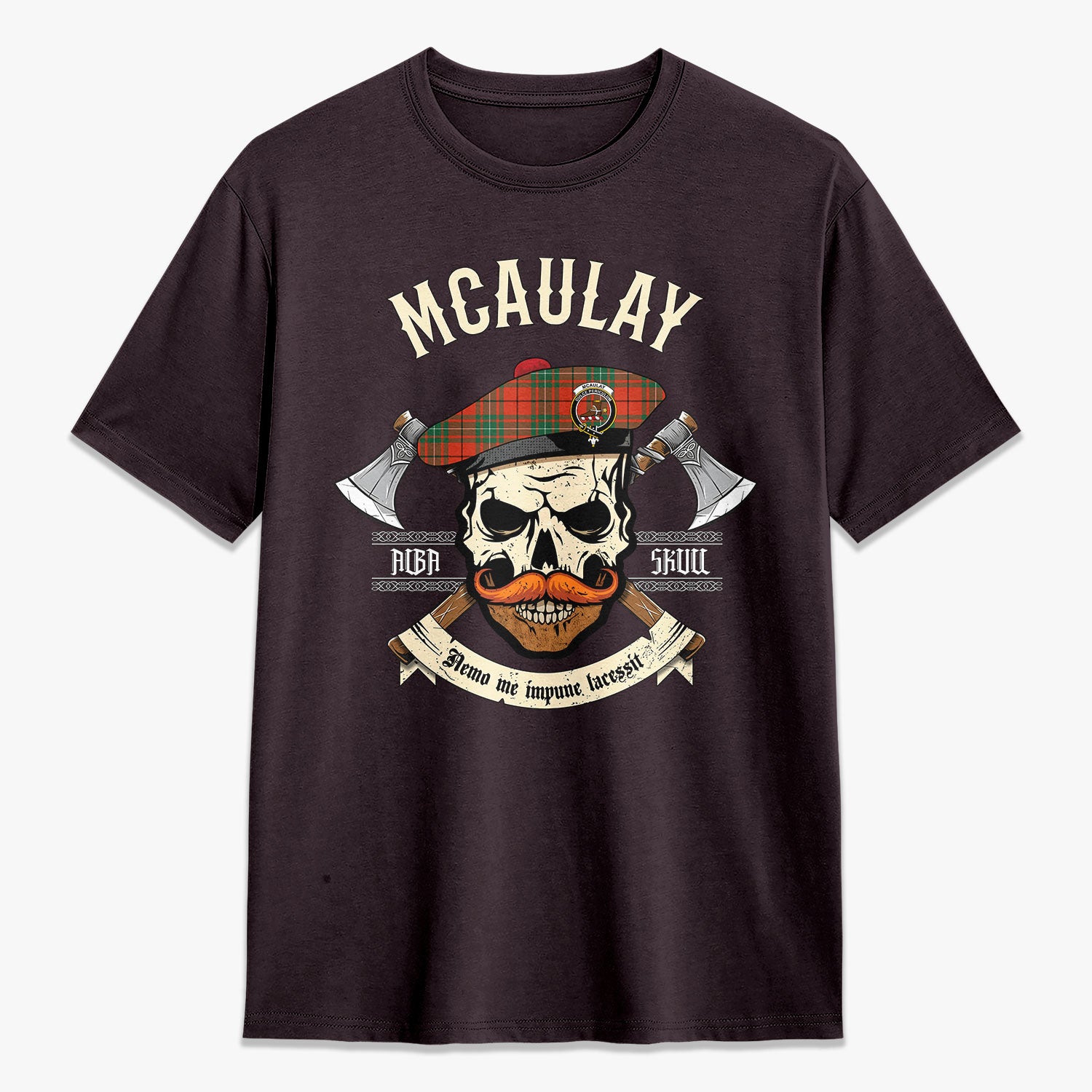 McAulay Ancient Tartan Crest 2D T-shirt - Alba Skull Style