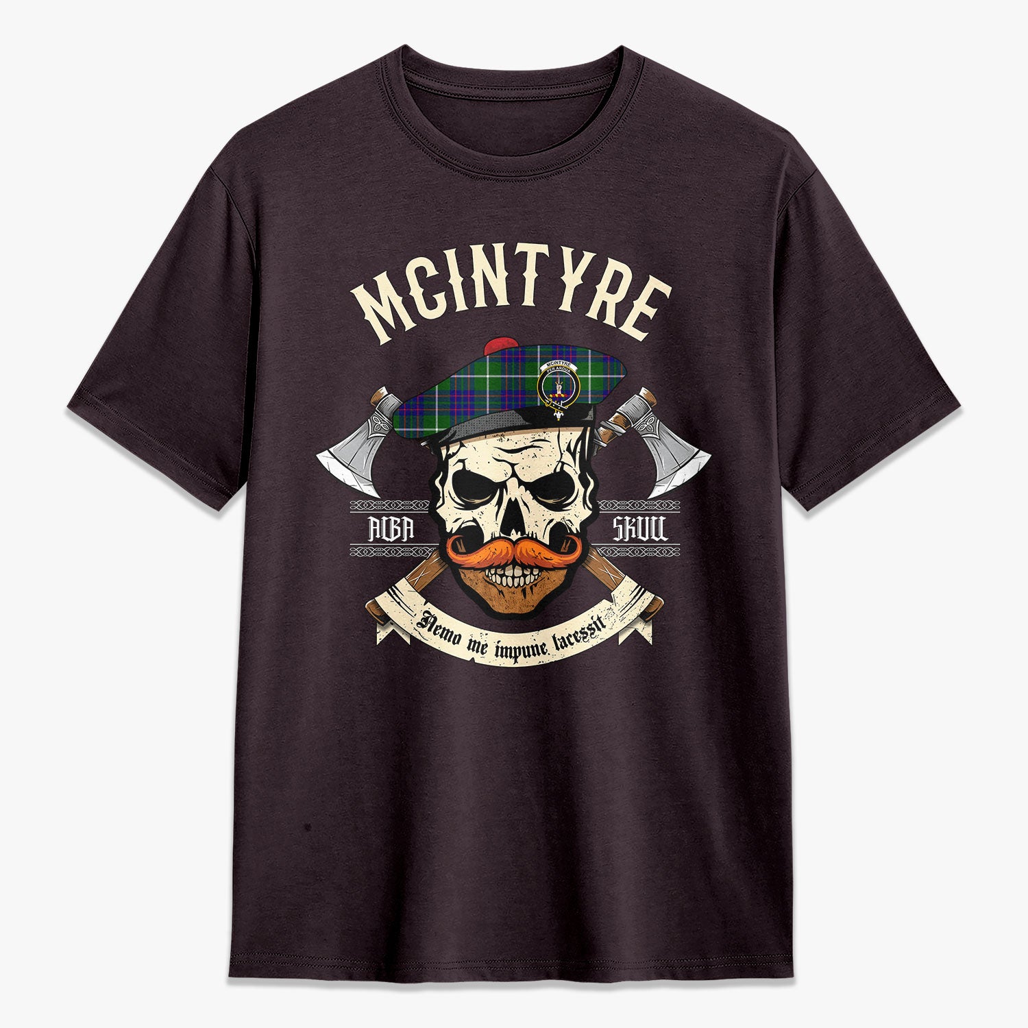 McIntyre Hunting Modern Tartan Crest 2D T-shirt - Alba Skull Style