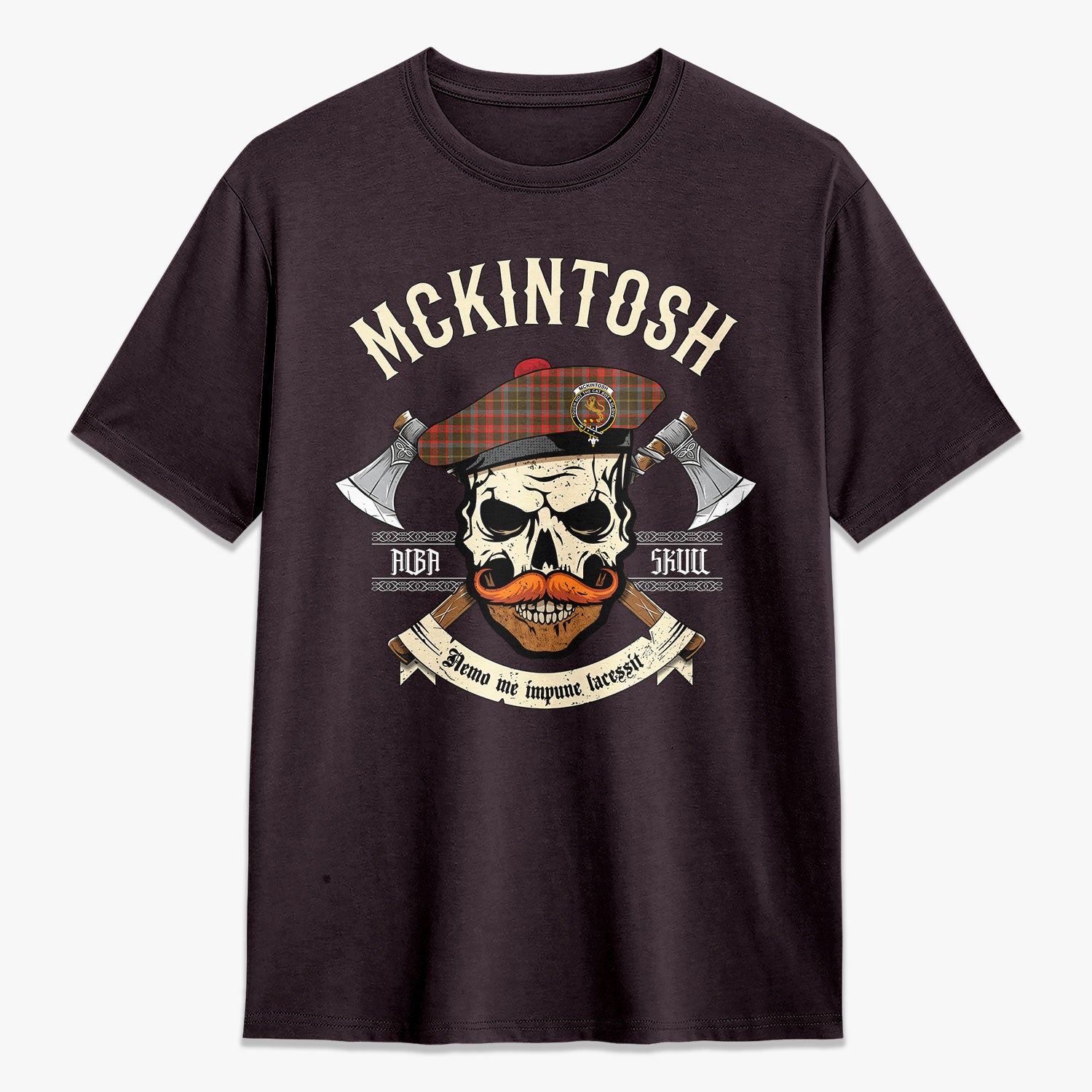 McKintosh Hunting Weathered Tartan Crest 2D T-shirt - Alba Skull Style