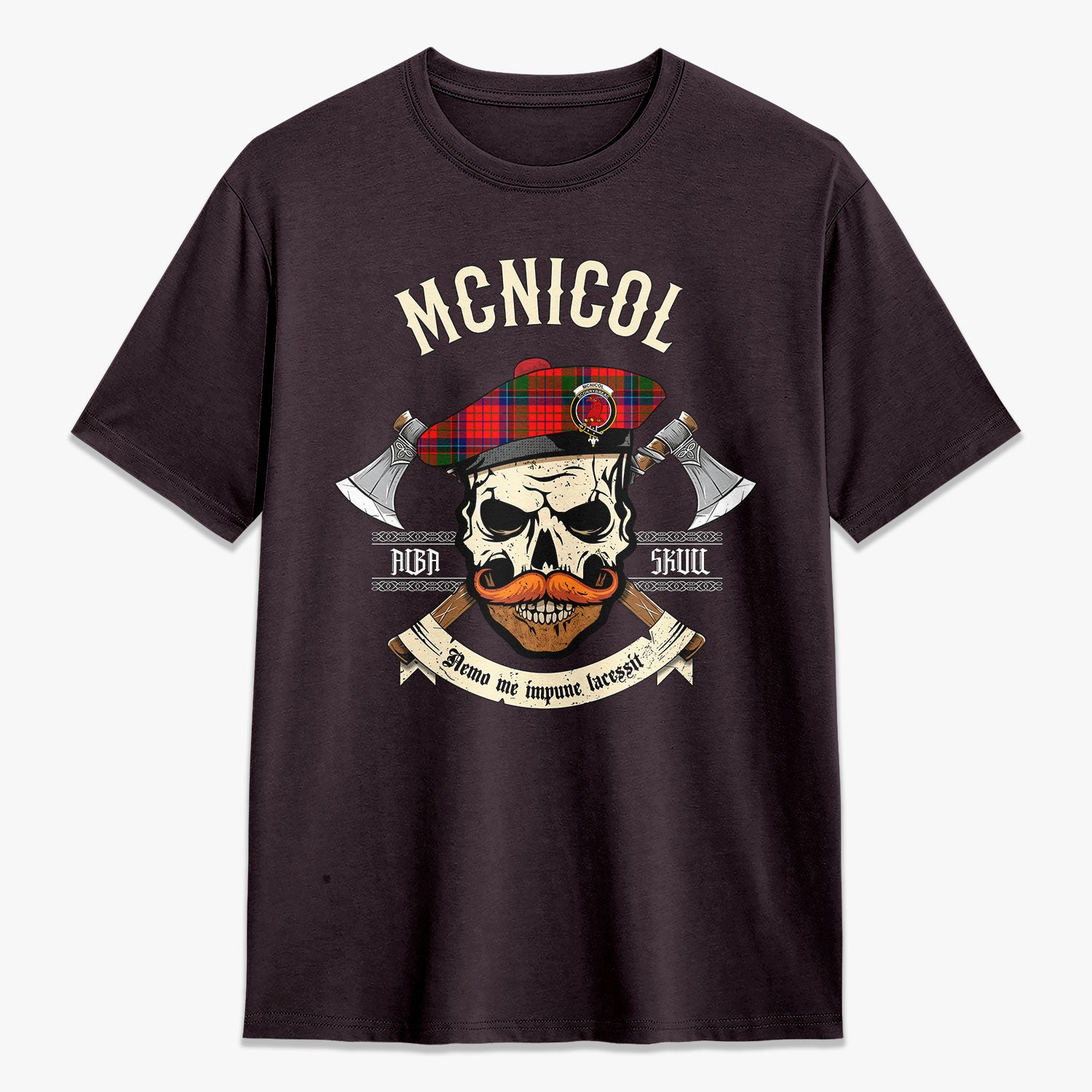 McNicol (of Scorrybreac) Tartan Crest 2D T-shirt - Alba Skull Style