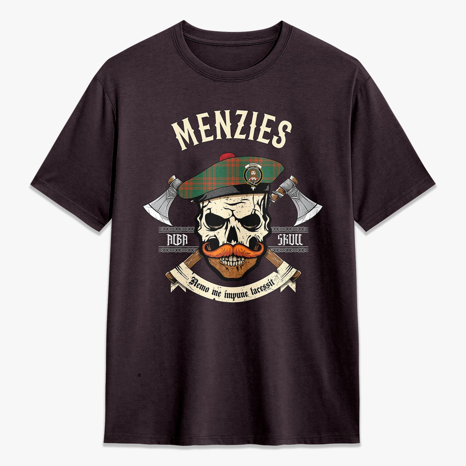 Menzies Green Ancient Tartan Crest 2D T-shirt - Alba Skull Style