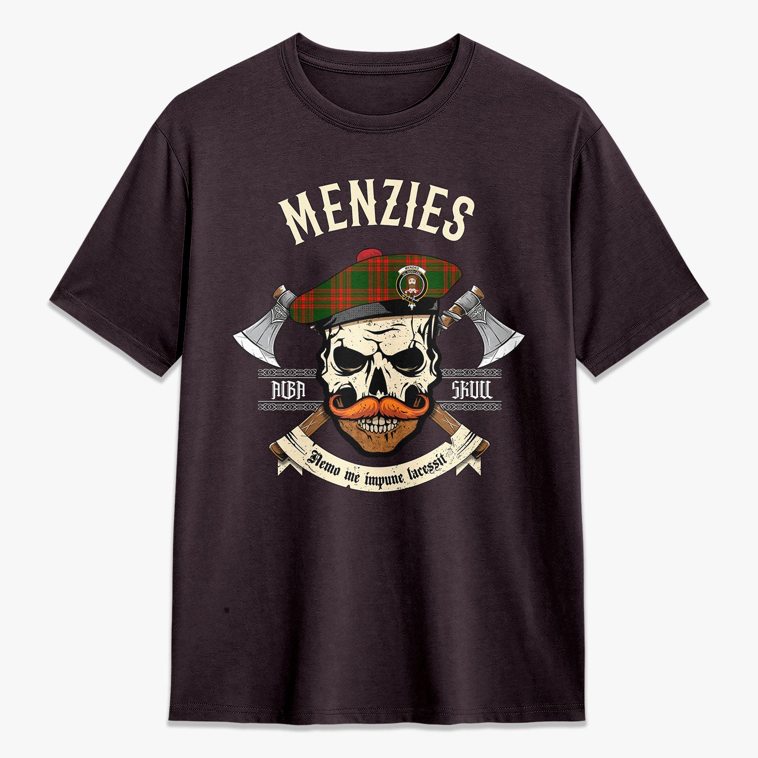 Menzies Green Modern Tartan Crest 2D T-shirt - Alba Skull Style