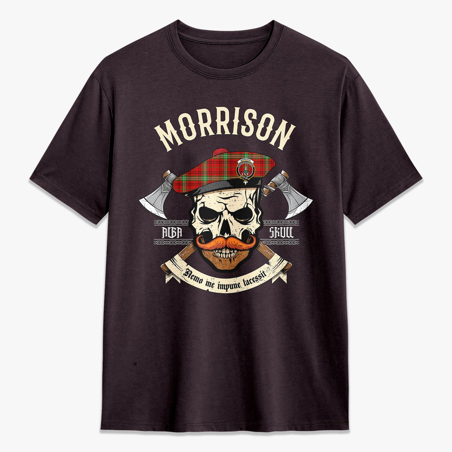 Morrison Red Modern Tartan Crest 2D T-shirt - Alba Skull Style