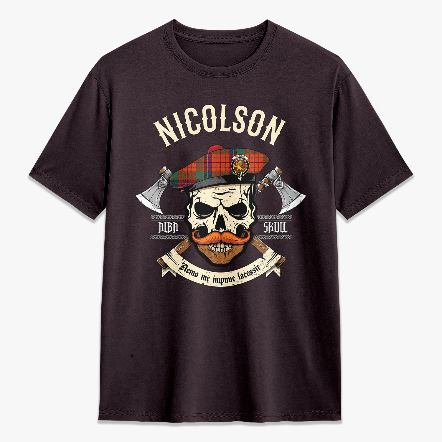 Nicolson Ancient Old Tartan Crest 2D T-shirt - Alba Skull Style