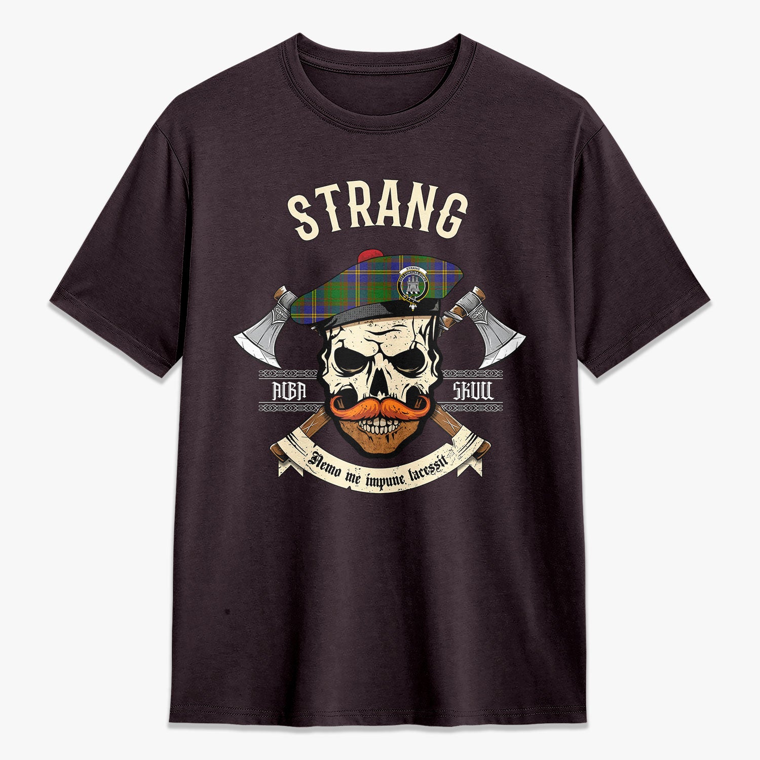 Strang (or Strange) Tartan Crest 2D T-shirt - Alba Skull Style