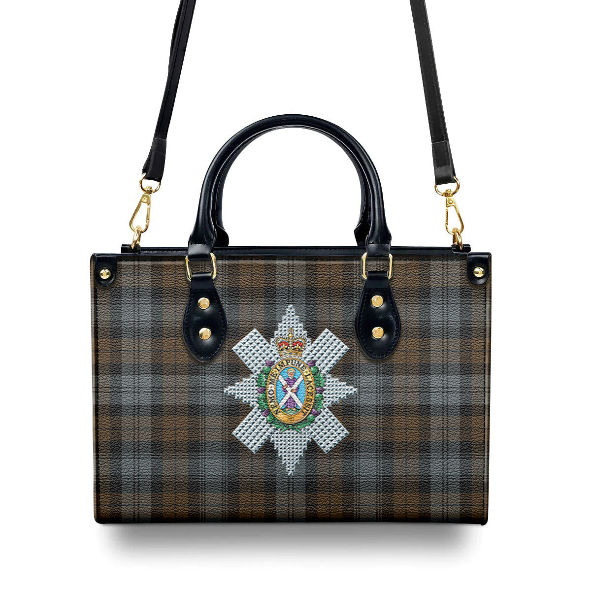 Black Watch Weathered Tartan Crest Leather Handbag