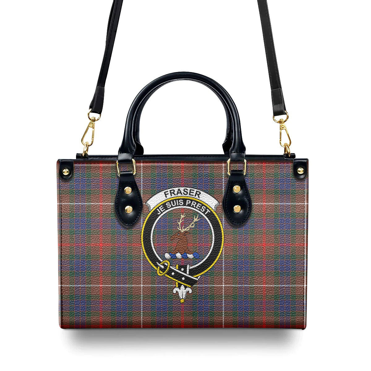 Fraser (of Lovat) Hunting Modern Tartan Crest Leather Handbag