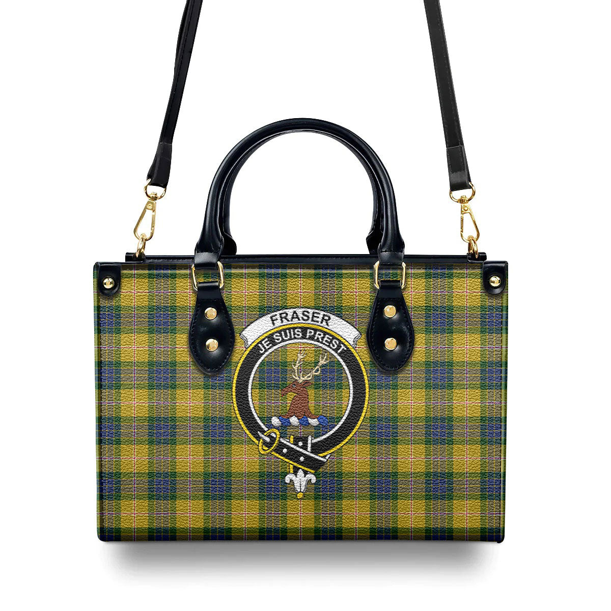 Fraser (of Lovat) Yellow Tartan Crest Leather Handbag