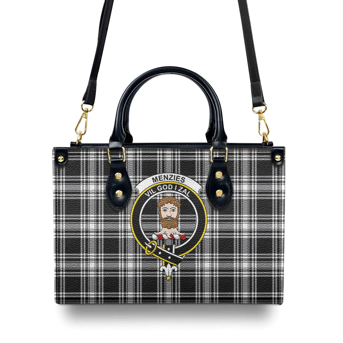 Menzies Black - White Modern Tartan Crest Leather Handbag