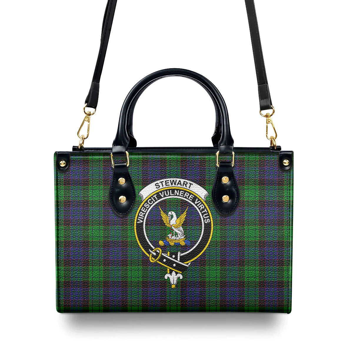 Stewart Old Modern Tartan Crest Leather Handbag