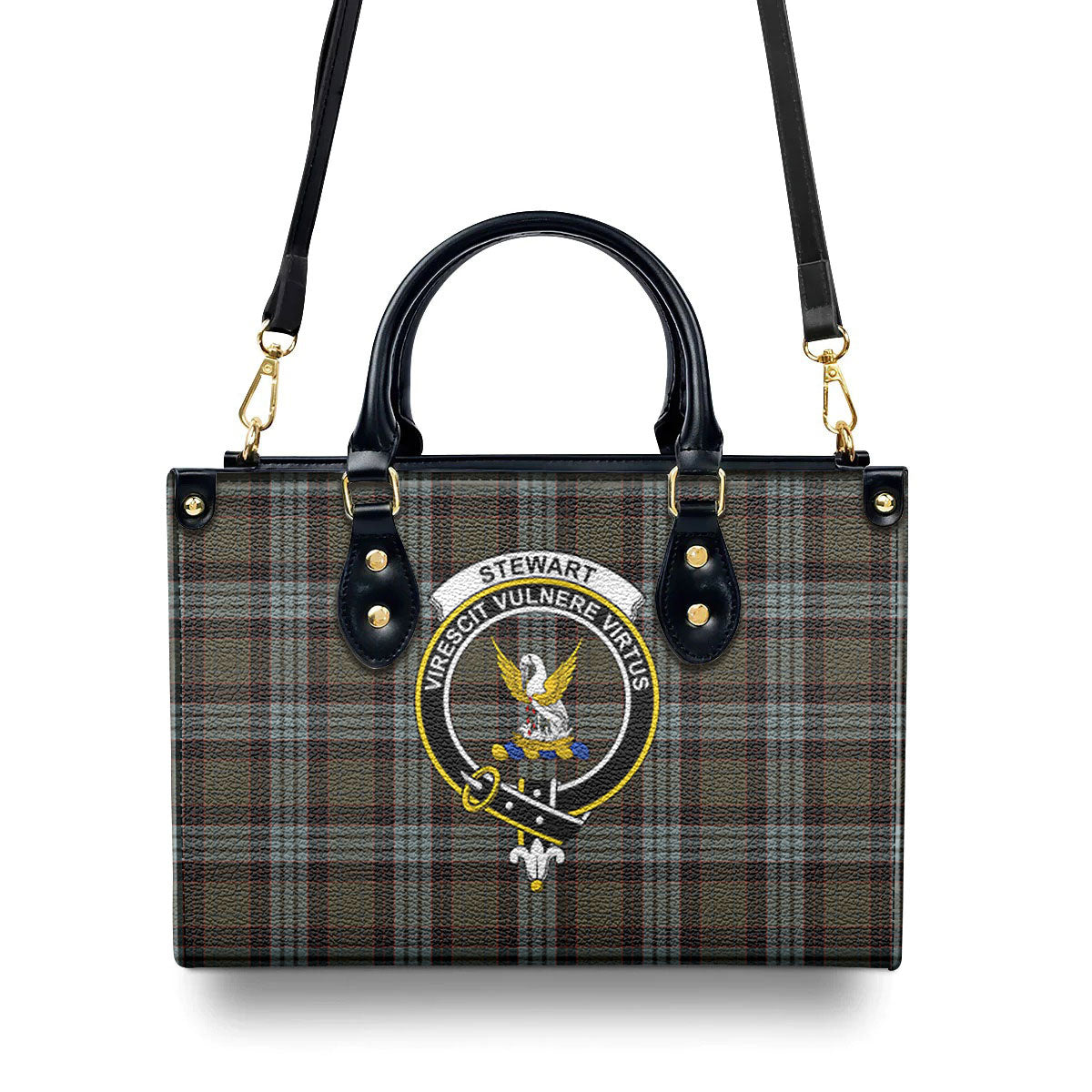 Stewart Old Weathered Tartan Crest Leather Handbag