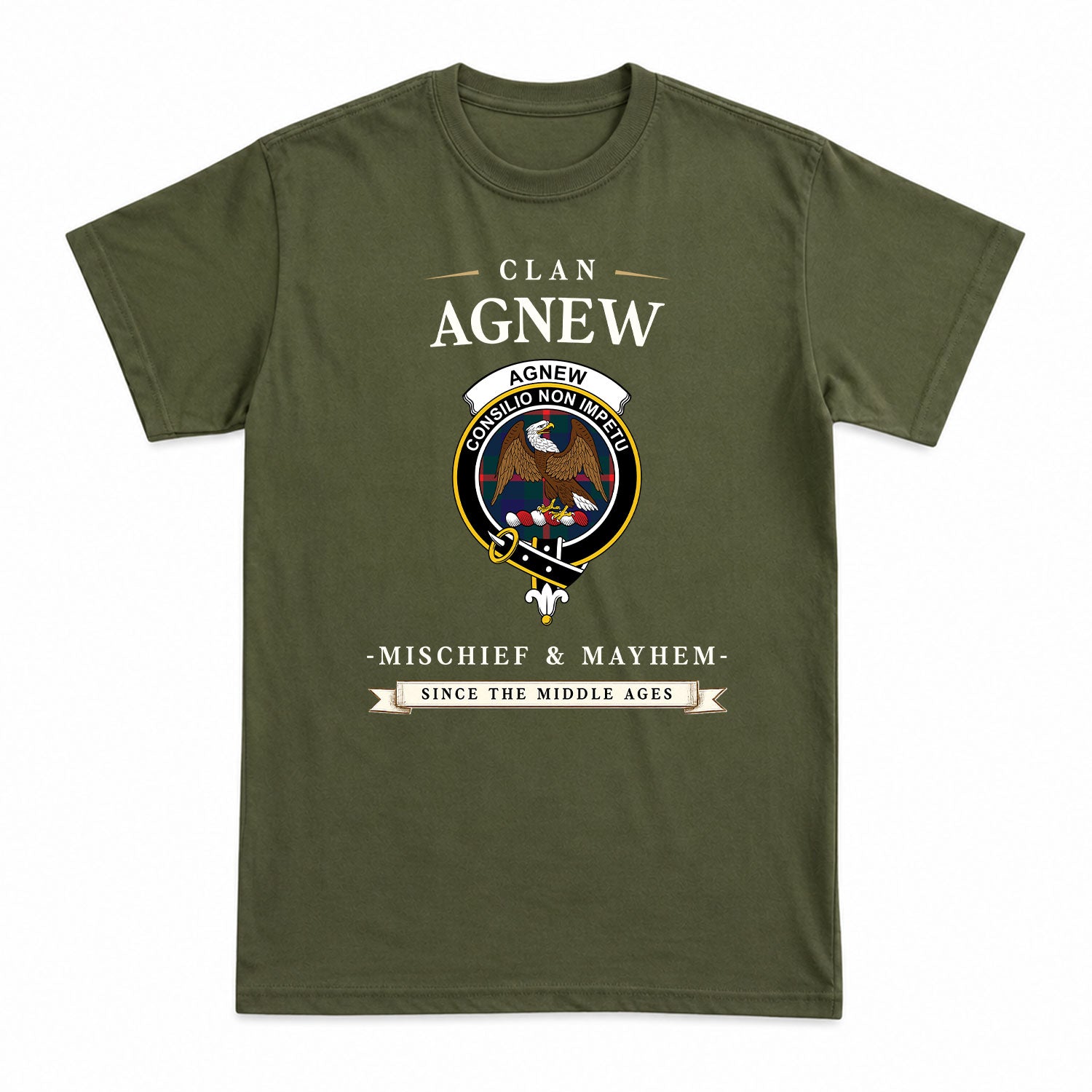 Agnew Modern Tartan Crest Mischief and Mayhem T-shirt