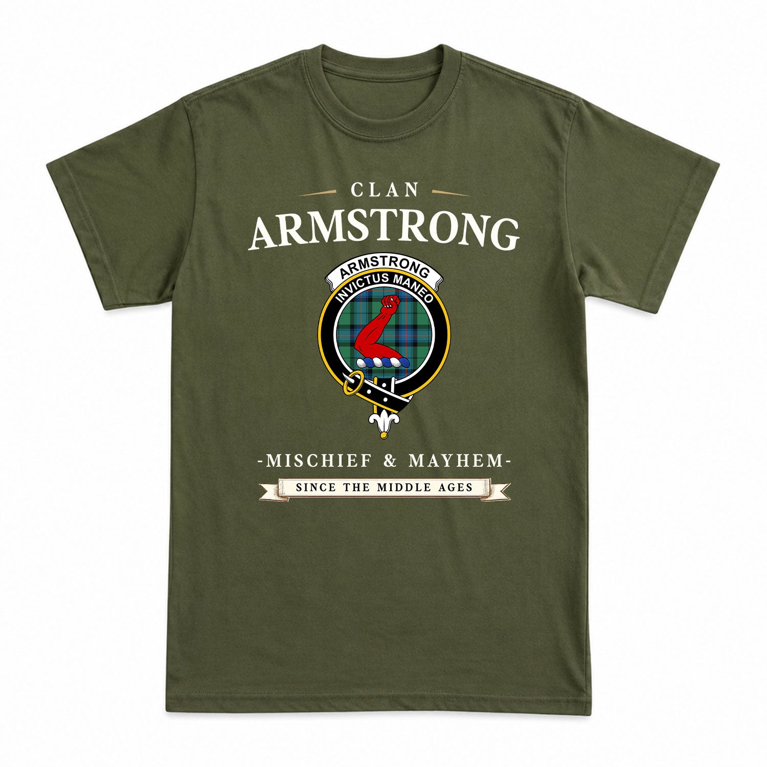 Armstrong Ancient Tartan Crest Mischief and Mayhem T-shirt