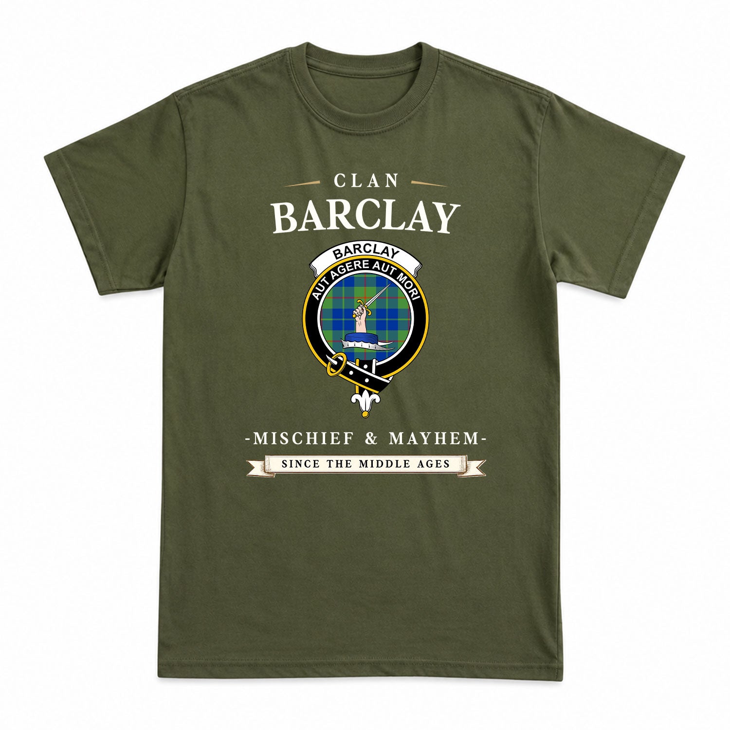 Barclay Hunting Ancient Tartan Crest Mischief and Mayhem T-shirt
