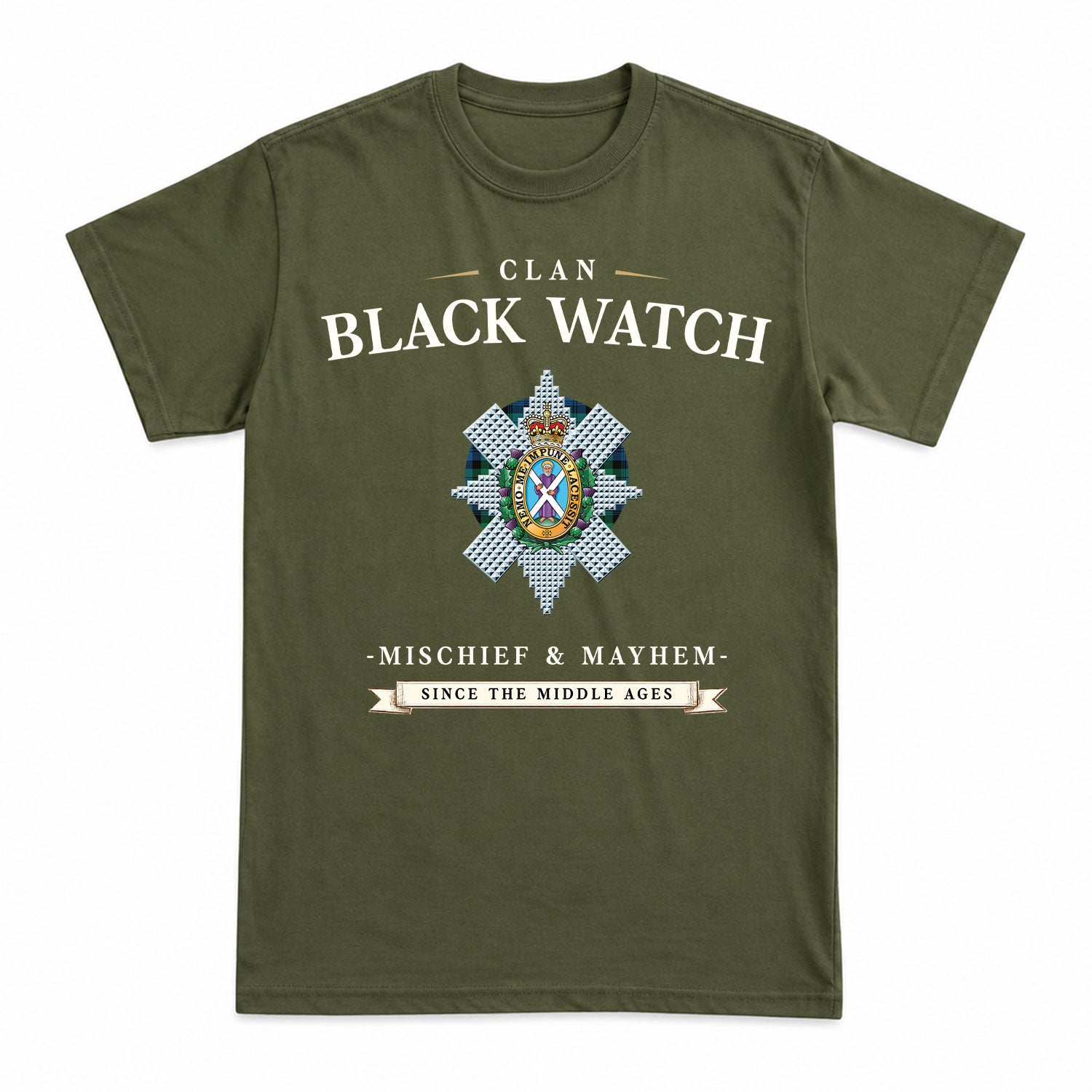 Black Watch Ancient Tartan Crest Mischief and Mayhem T-shirt