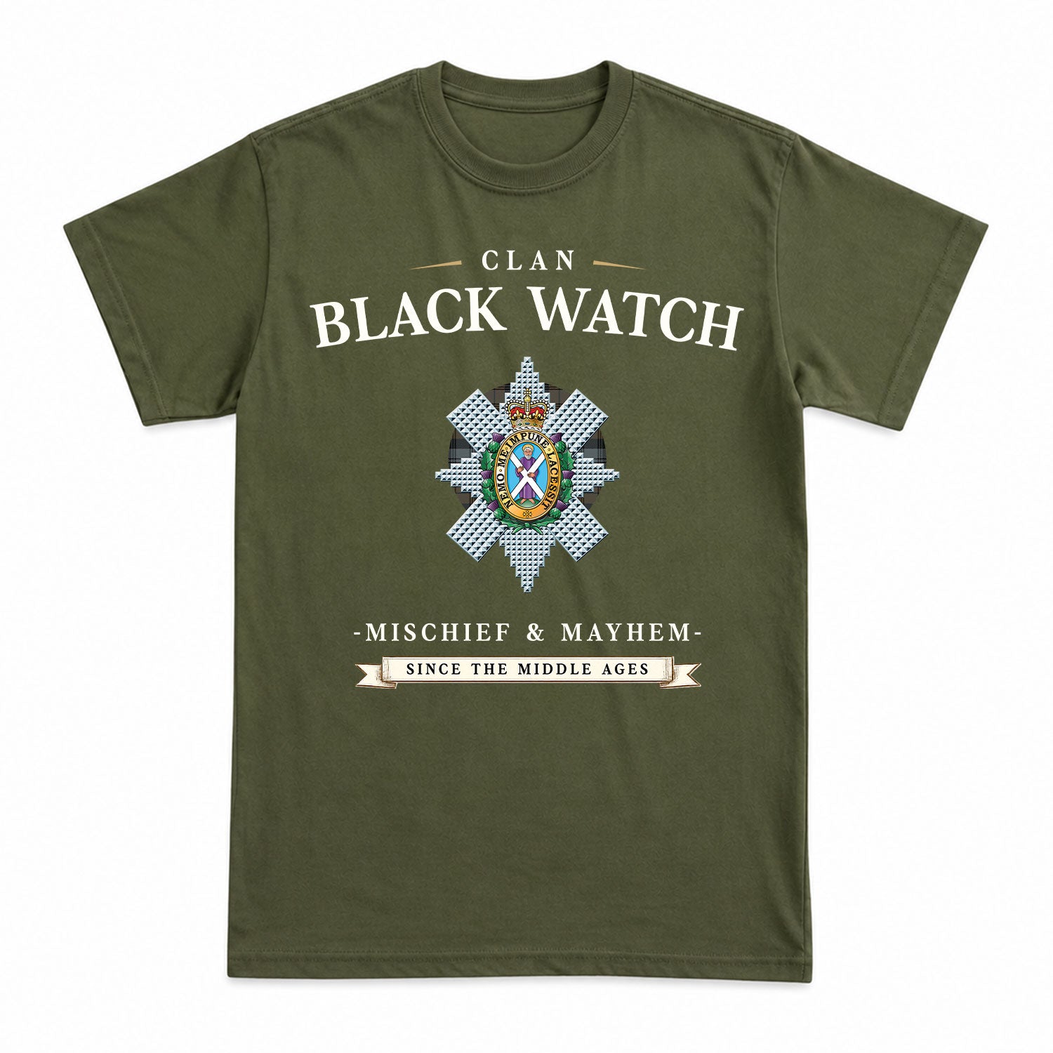 Black Watch Weathered Tartan Crest Mischief and Mayhem T-shirt