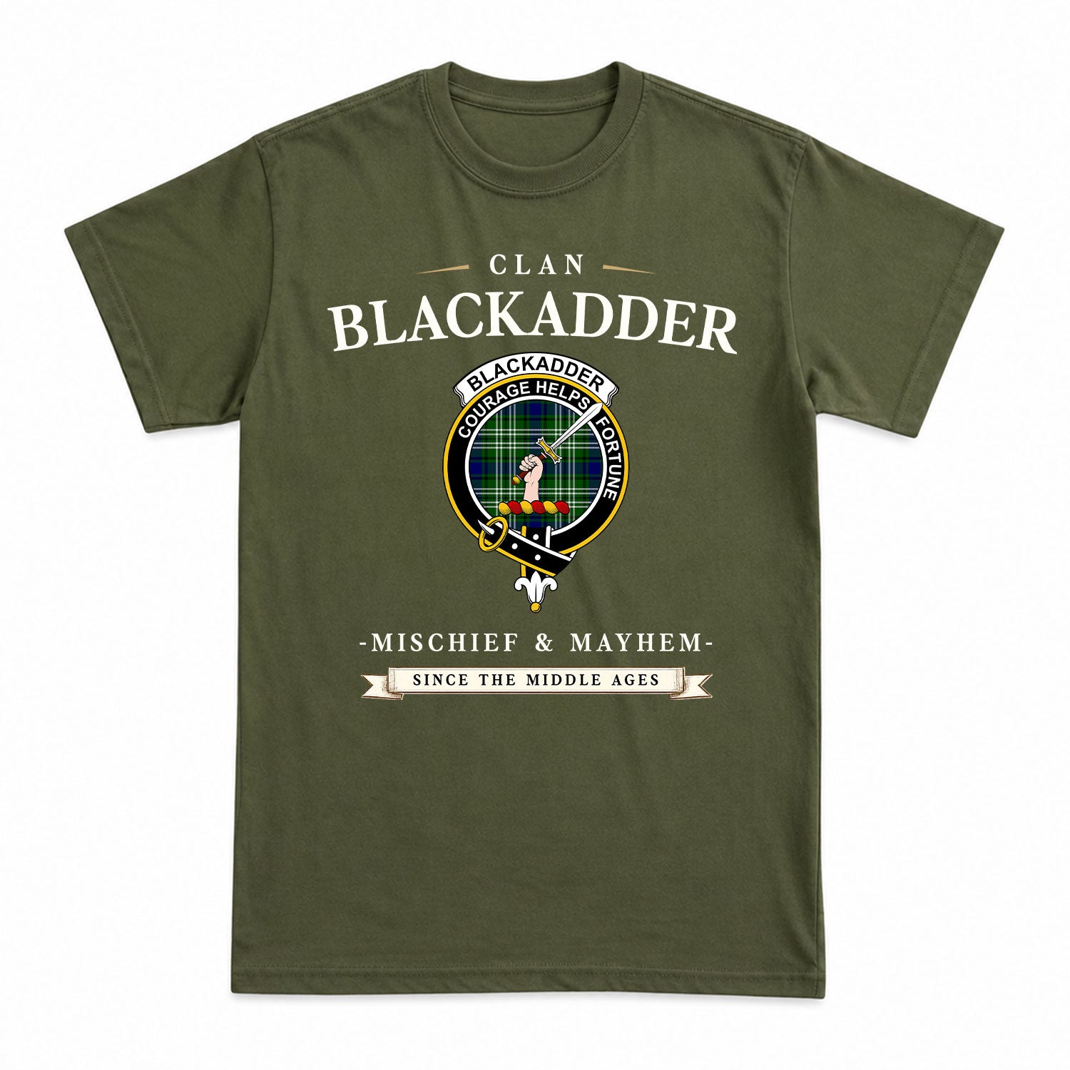 Blackadder Tartan Crest Mischief and Mayhem T-shirt