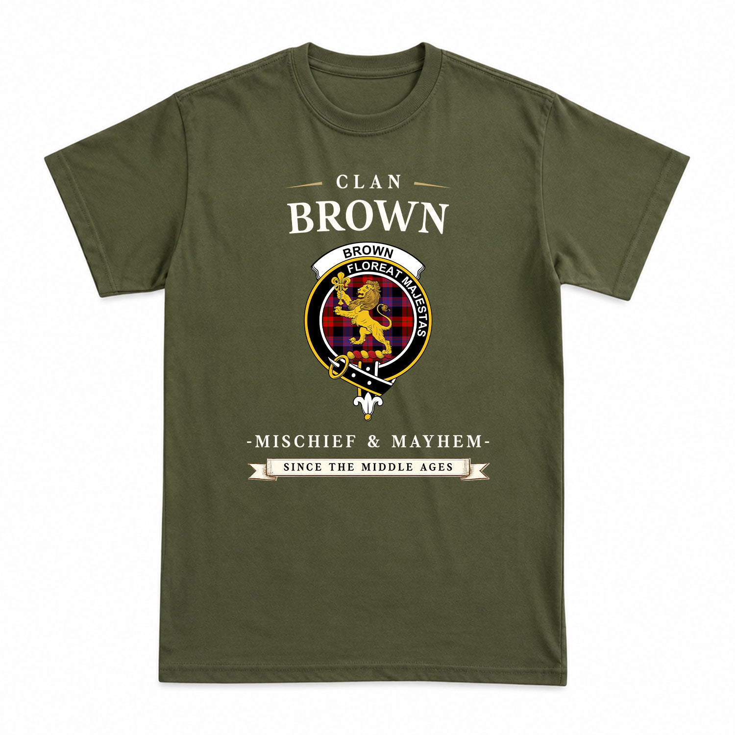 Brown Modern Tartan Crest Mischief and Mayhem T-shirt