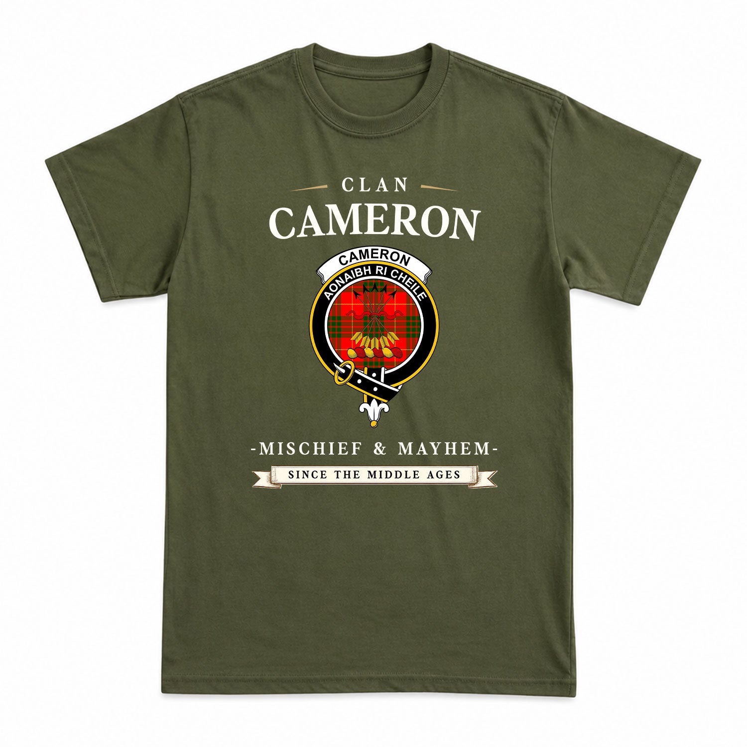 Cameron Modern Tartan Crest Mischief and Mayhem T-shirt