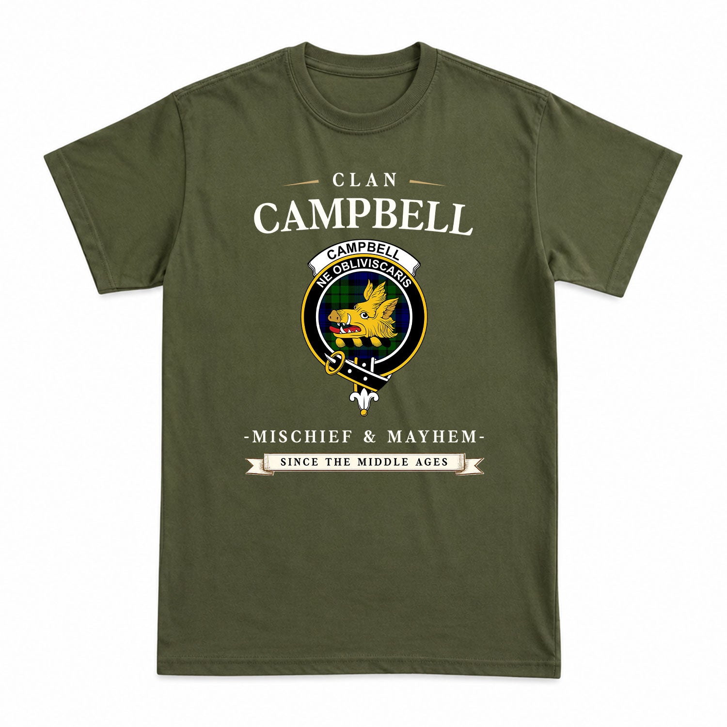 Campbell Modern Tartan Crest Mischief and Mayhem T-shirt