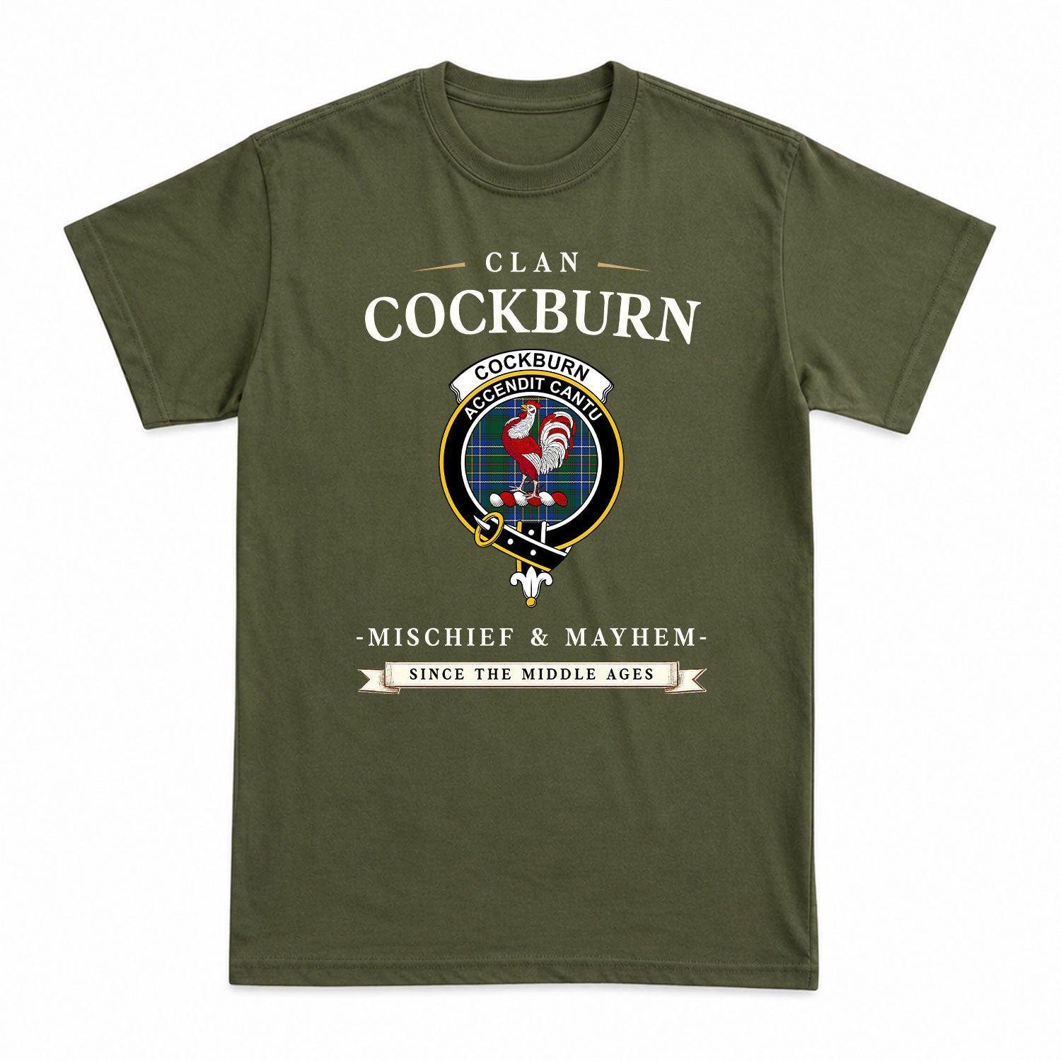 Cockburn Ancient Tartan Crest Mischief and Mayhem T-shirt