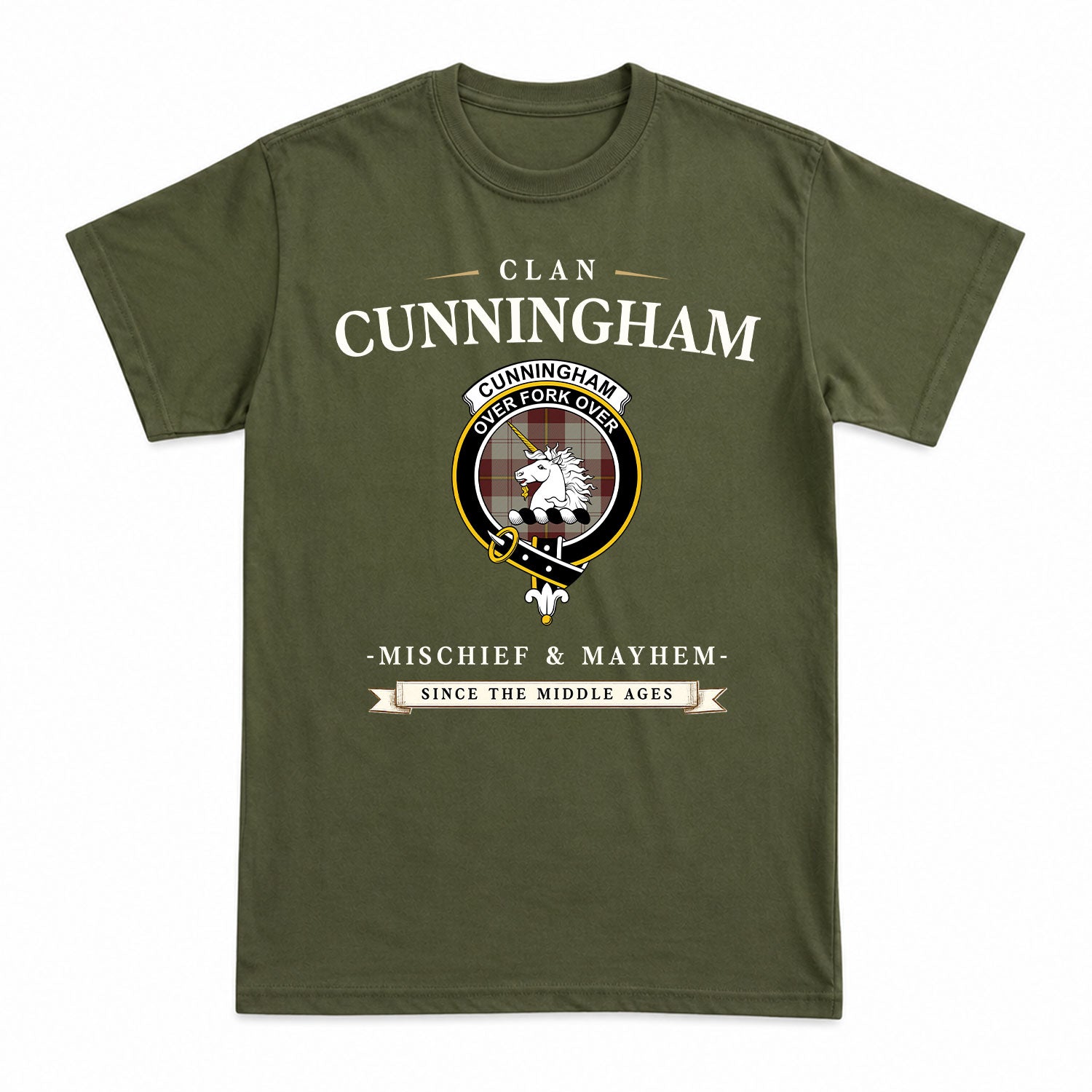 Cunningham Burgundy Dancers Tartan Crest Mischief and Mayhem T-shirt