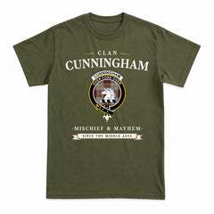 Cunningham Burgundy Dancers Tartan Crest Mischief and Mayhem T-shirt