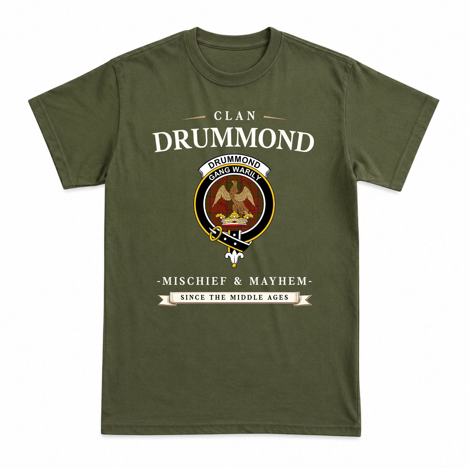 Drummond Clan Tartan Crest Mischief and Mayhem T-shirt