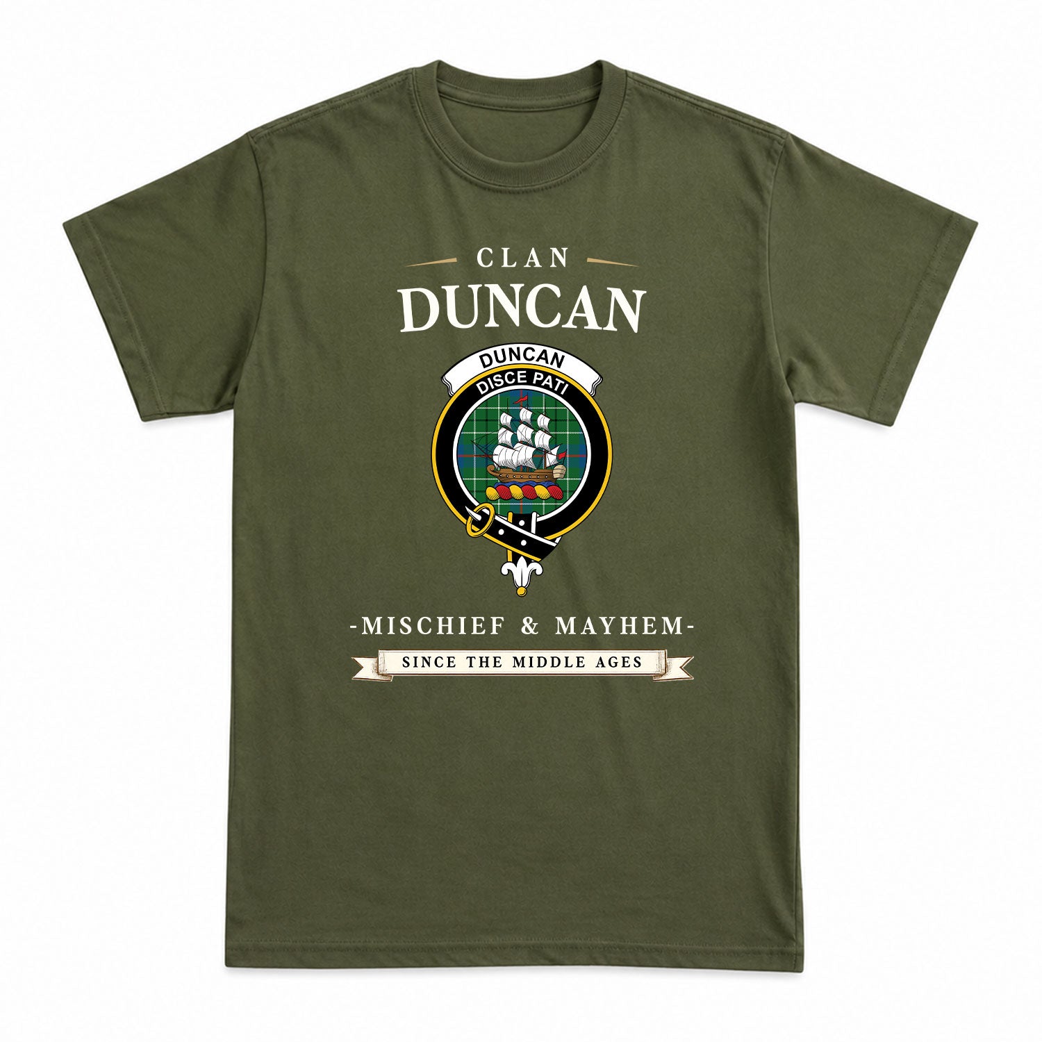 Duncan Ancient Tartan Crest Mischief and Mayhem T-shirt