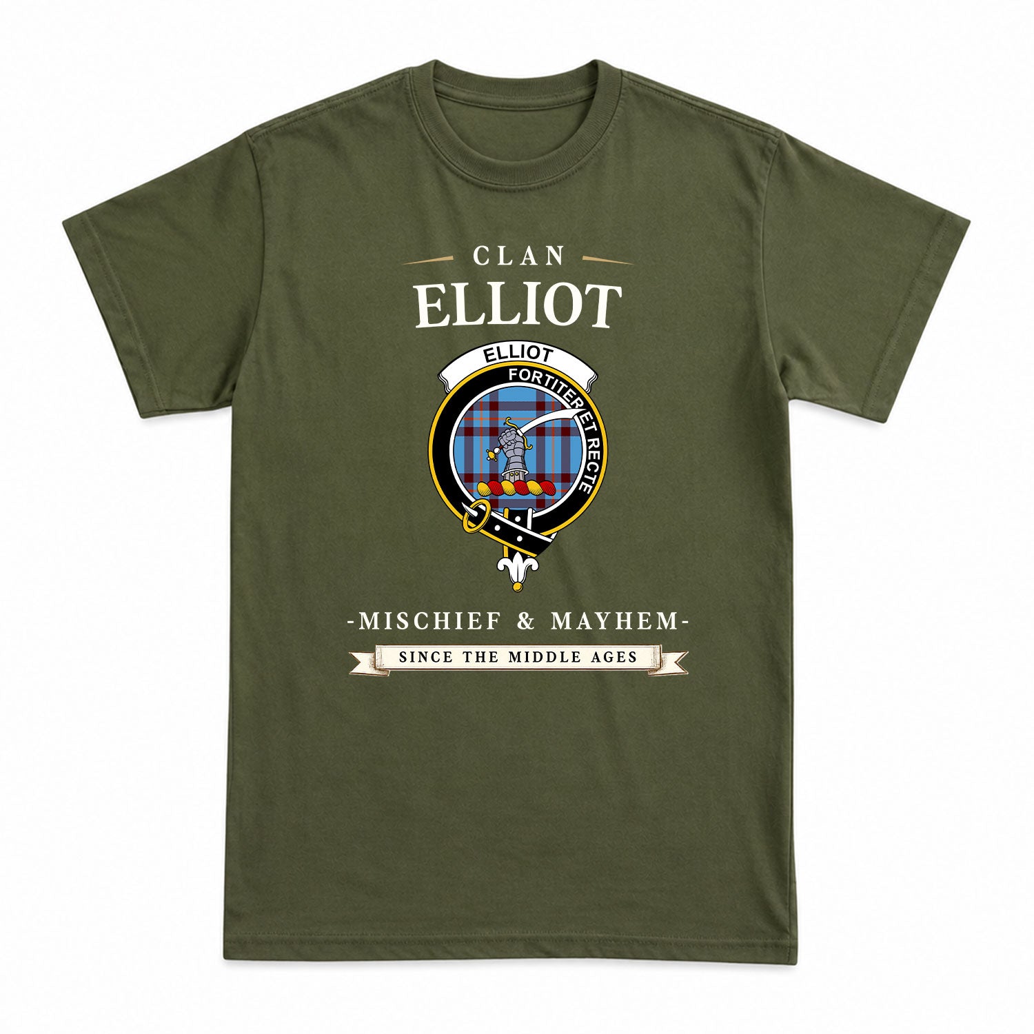 Elliot Ancient Tartan Crest Mischief and Mayhem T-shirt