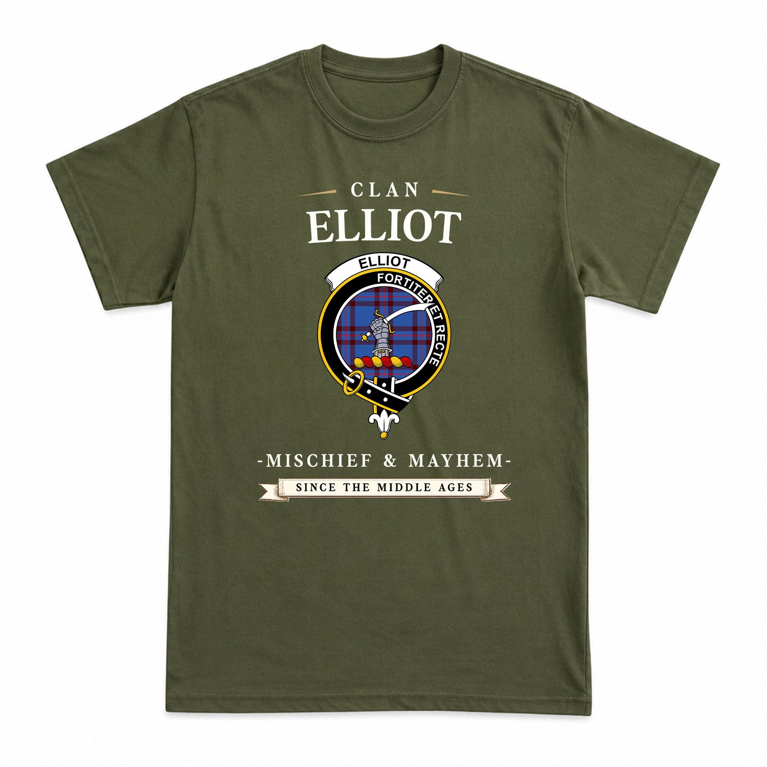 Elliot Modern Tartan Crest Mischief and Mayhem T-shirt