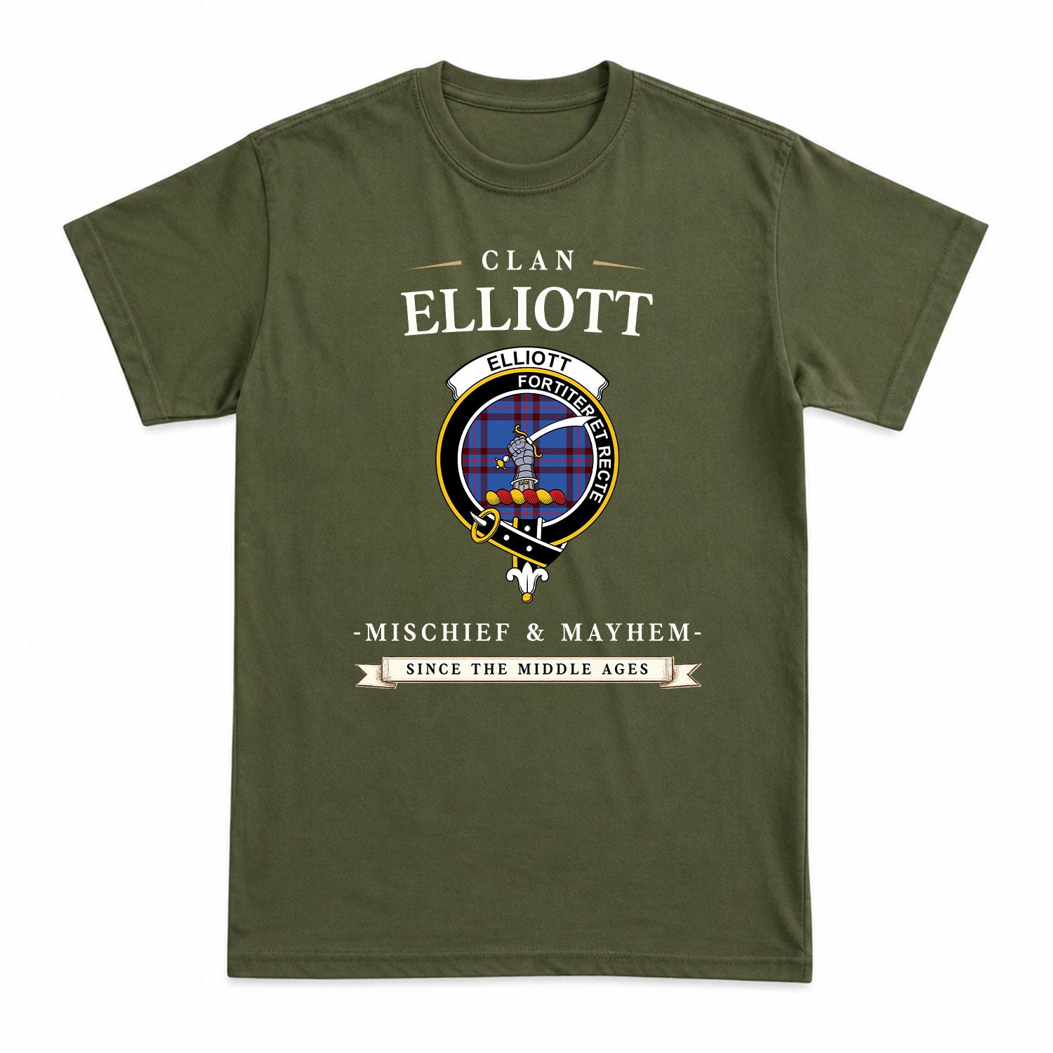 Elliott Modern Tartan Crest Mischief and Mayhem T-shirt