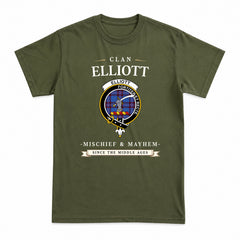 Elliott Modern Tartan Crest Mischief and Mayhem T-shirt